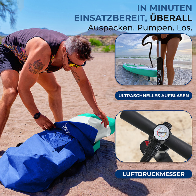 Mann packt aufblasbares SUP-Board auf Strand aus. Pumpe und Manometer sichtbar.