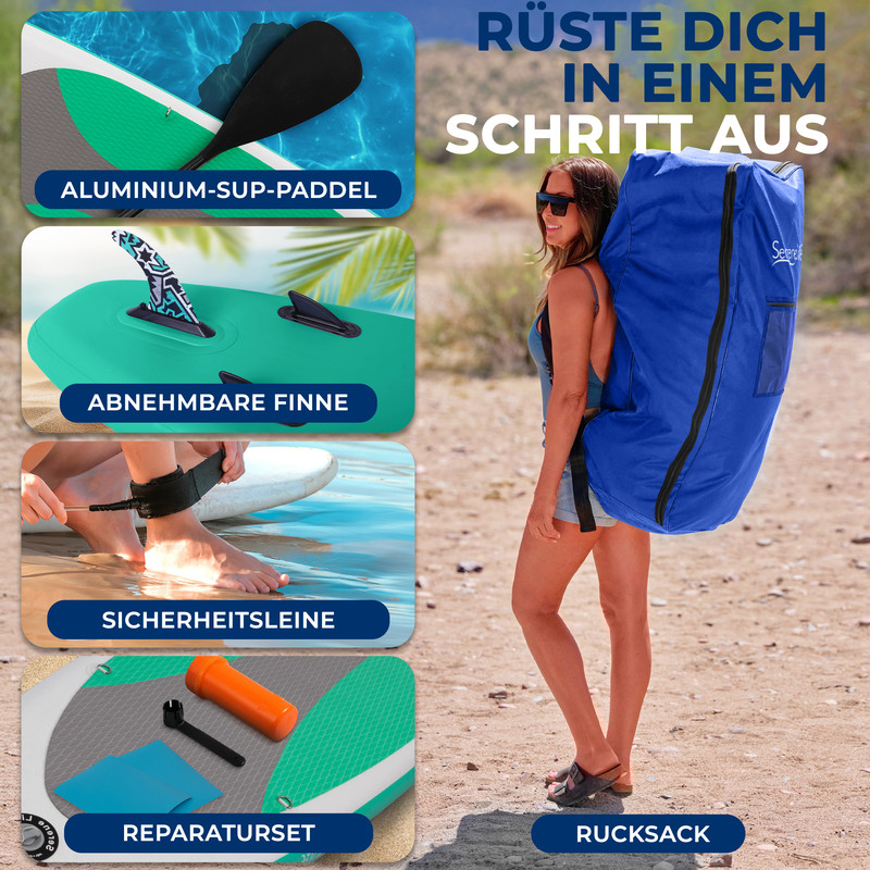 Frau mit großem Rucksack, zeigt SUP-Zubehör: Paddel, Finne, Leine, Reparaturset.