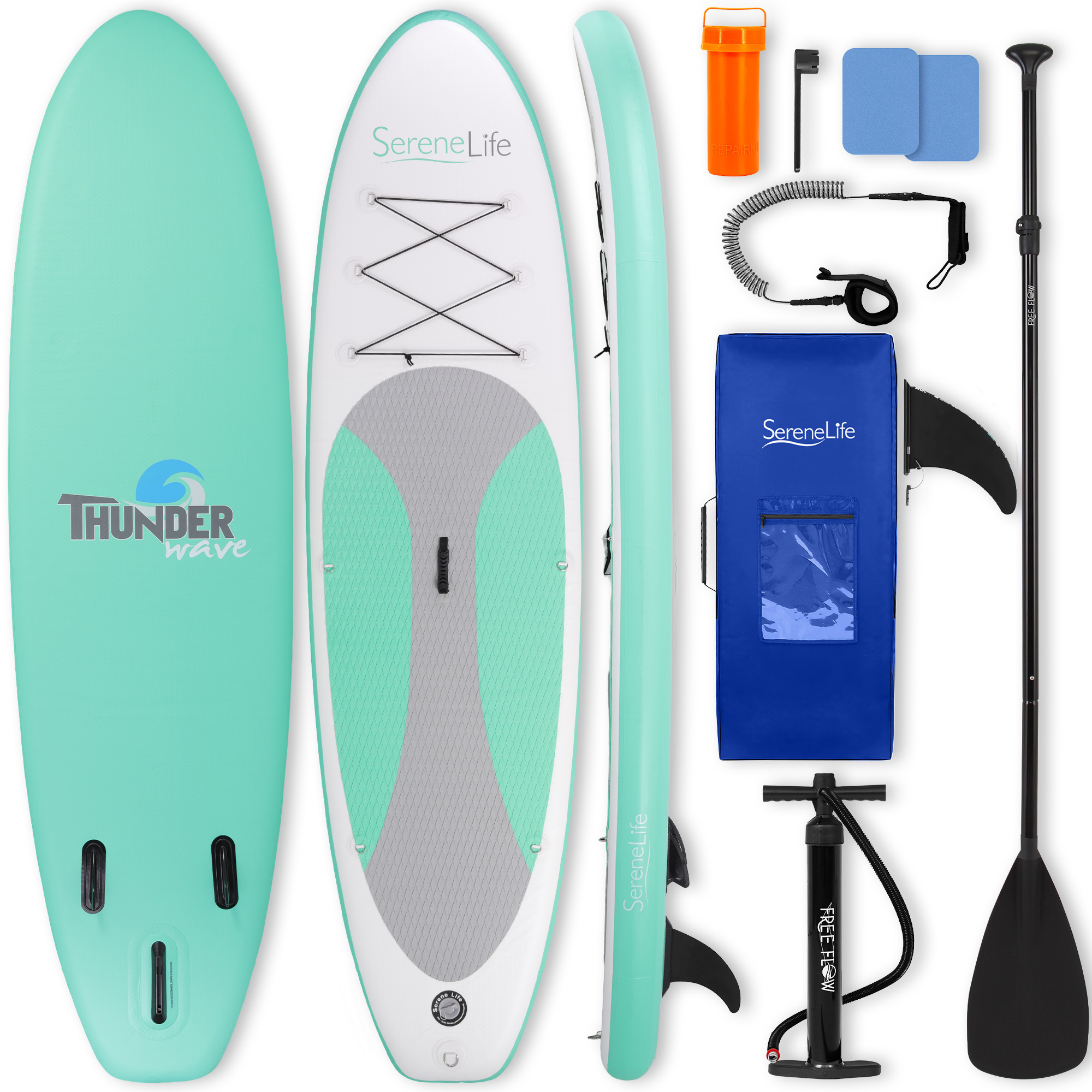 Aqua aufblasbares Paddleboard-Set mit Pumpe, Paddel, Leine, Reparaturset und Tasche.