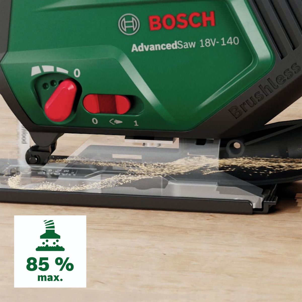 Bosch Stichsäge AdvancedSaw 18V-140 mit Sägespänen und 85% Staubabsaugung-Symbol.