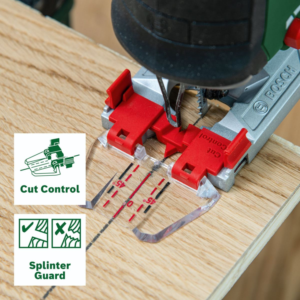 Bosch Stichsäge mit Zubehör auf Holz: Cut Control & Splinter Guard.