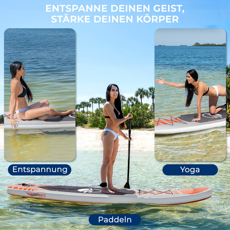 Drei Frauen auf Paddleboards: eine entspannt, eine meditiert, eine auf einem Brett.