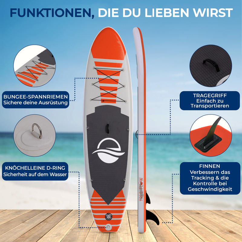 Ein aufblasbares Stand-Up-Paddleboard mit orange-weißen Akzenten, auf Holzplanken vor dem Meer.