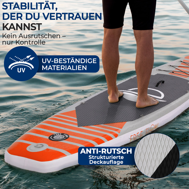 Person auf SUP-Brett stehend, mit Text über Stabilität und UV-Materialien.
