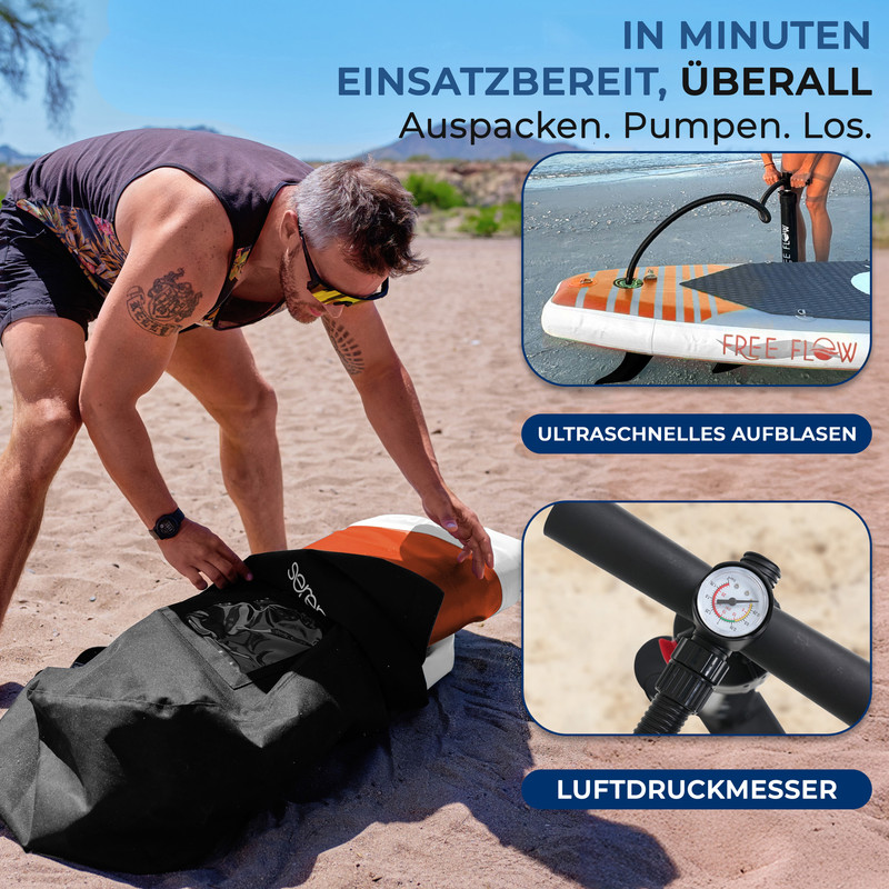 Mann am Strand packt Paddleboard in Tasche. Einsätze: Brett aufpumpen, Druckanzeige.