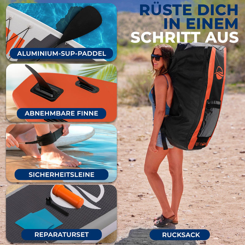 Frau mit Rucksack und SUP-Zubehör: Paddel, Finne, Leine, Reparaturset.