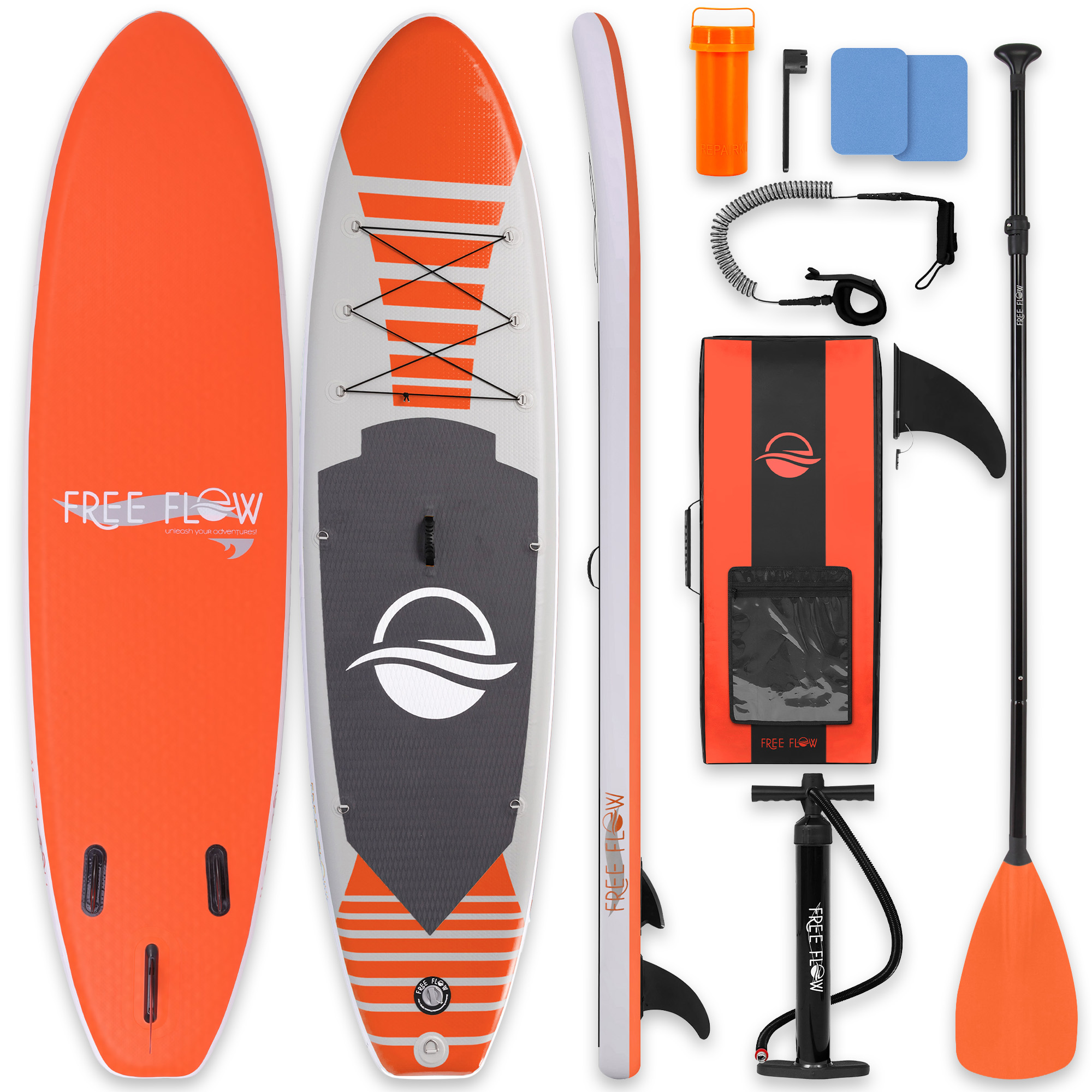 Orange-grauer Paddelboard mit Zubehör: Pumpe, Paddel, Flossen, Leine und Reparaturset.