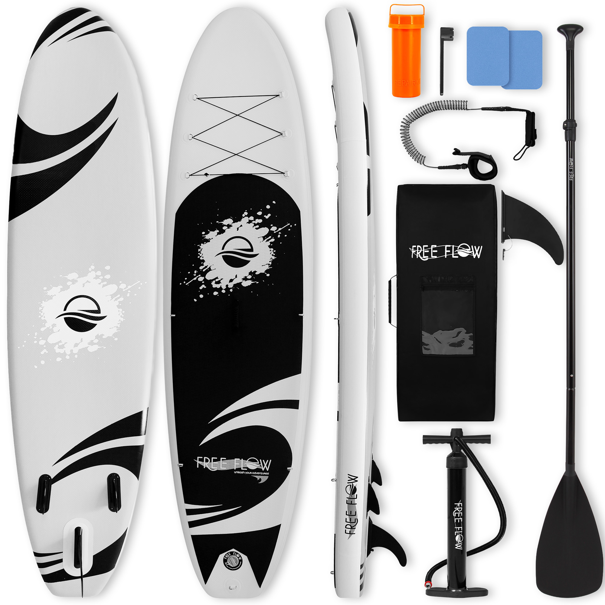 Ein weiß-schwarzes Paddleboard-Set mit zwei Boards, einem orangefarbenen Reparaturset, blauen Flicken, einer Pumpe, einem Paddel und einer Tasche.