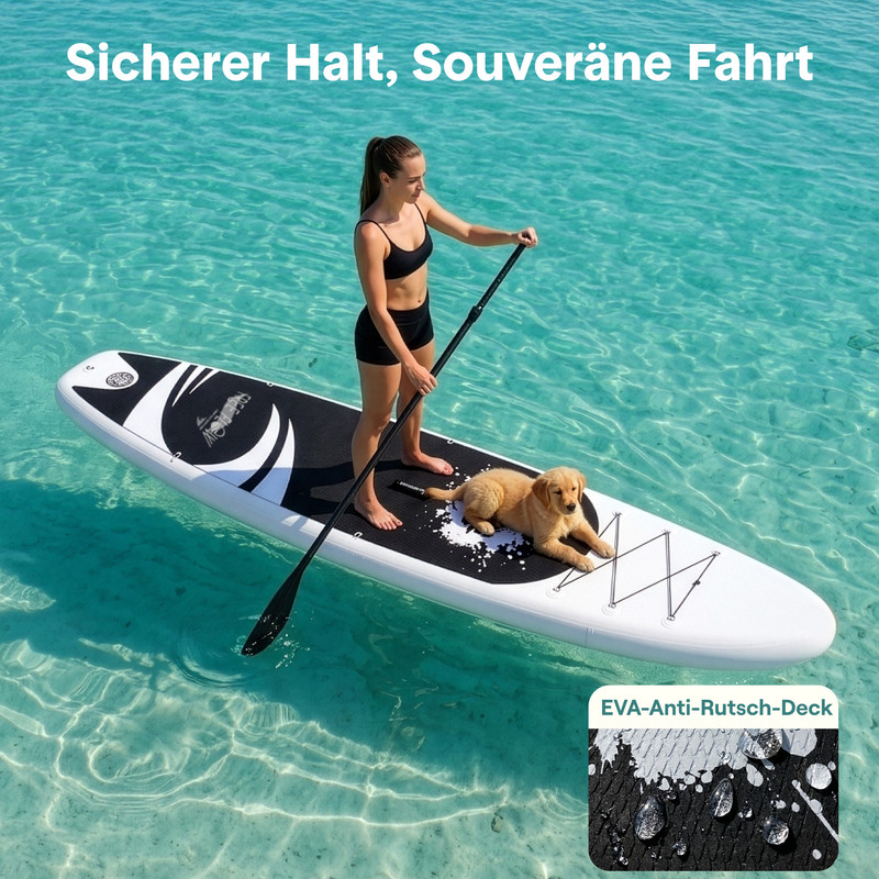 Frau paddelt auf einem Brett mit Hund im türkisfarbenen Wasser.