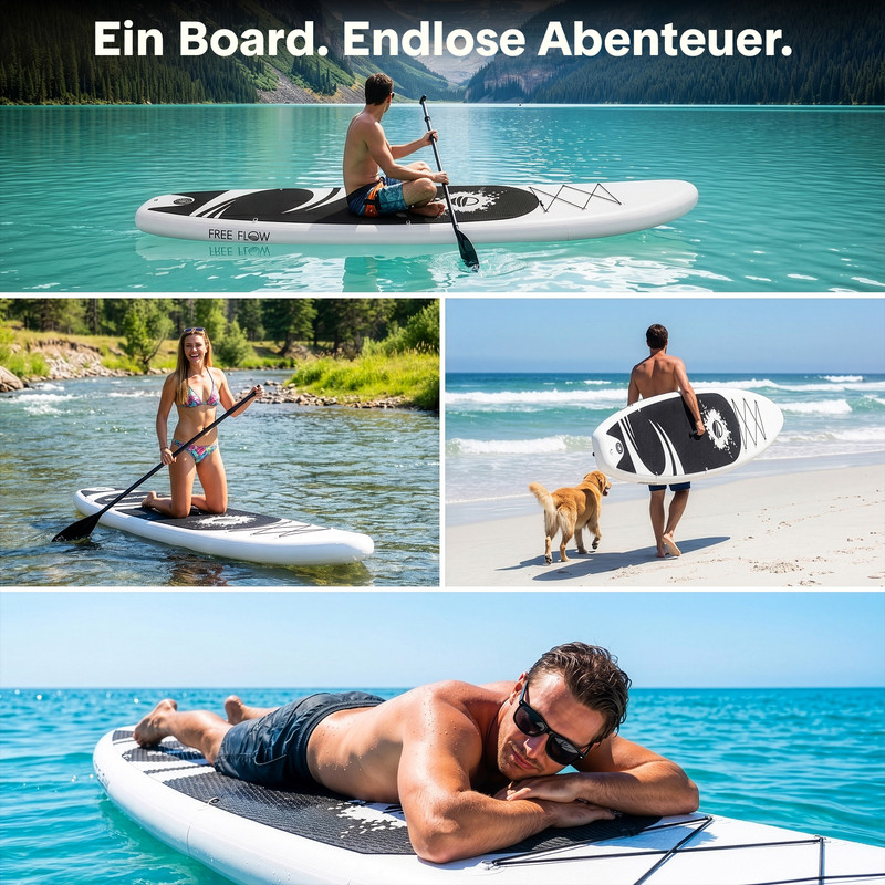 Ein Mann paddelt auf einem See, eine Frau kniet auf einem Fluss, Mann trägt Brett am Strand.
