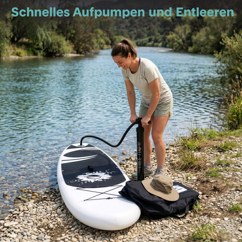 Frau pumpt Paddleboard am Flussufer auf. Sie steht neben dem Brett und einer Tasche.