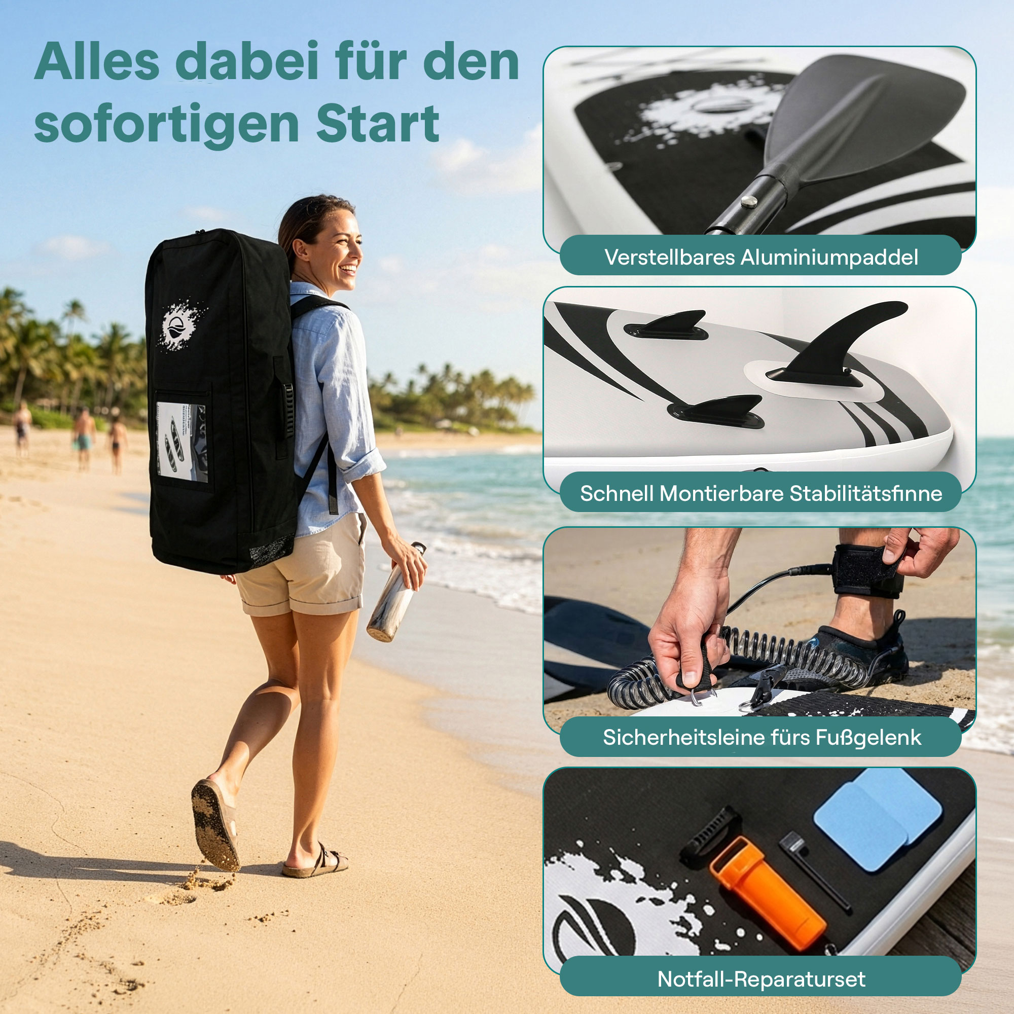 Frau am Strand mit großem Rucksack; Details: Paddel, Finnen, Leine, Reparaturset.