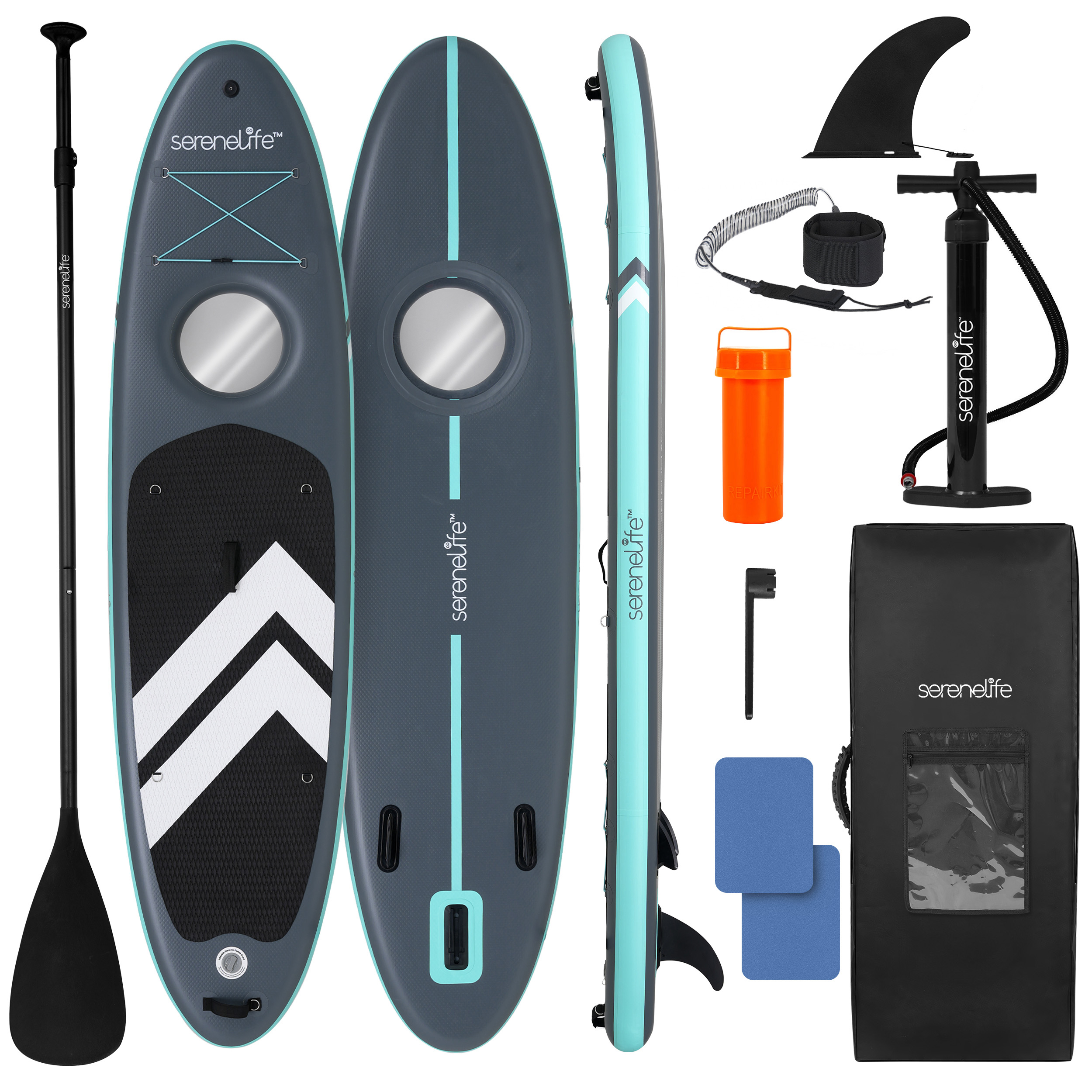 SUP-Zubehör: Paddel, zwei Boards, Finne, Pumpe, Leine, Reparaturkit.