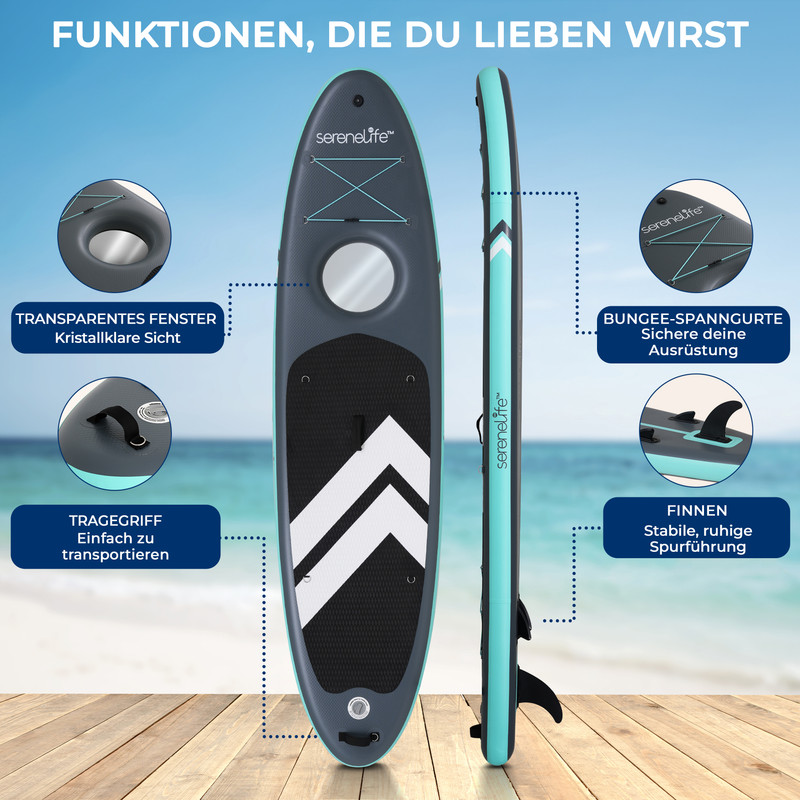 Graues und türkisfarbenes Paddleboard mit Tragegriff, Fenster, Bungee und Finnen.