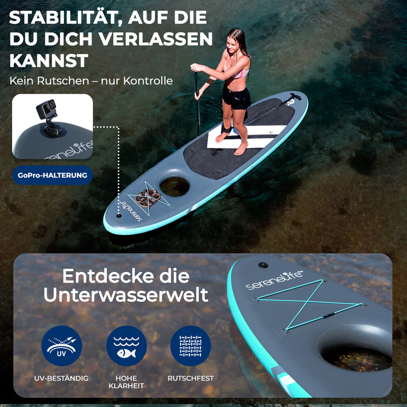 Frau auf SUP-Board mit GoPro-Halterung, Unterwasserwelt-Features