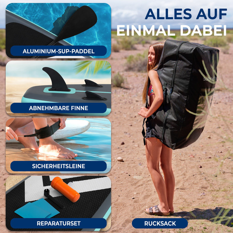 Ein Mädchen mit Rucksack steht am Strand, vier Bilder zeigen Zubehör.