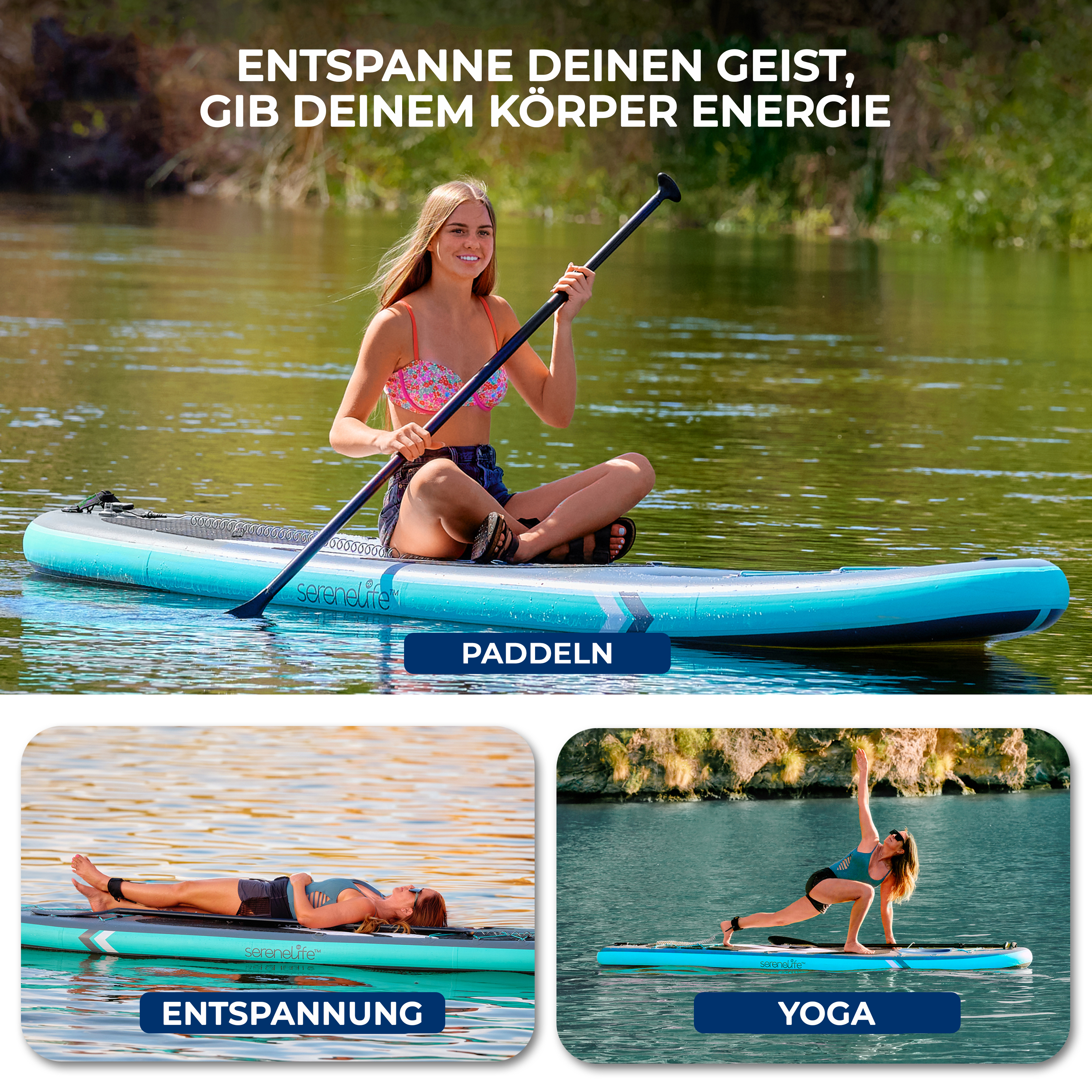 Frau paddelt auf einem SUP-Board, entspannt auf einem SUP-Board und macht Yoga auf einem SUP-Board.