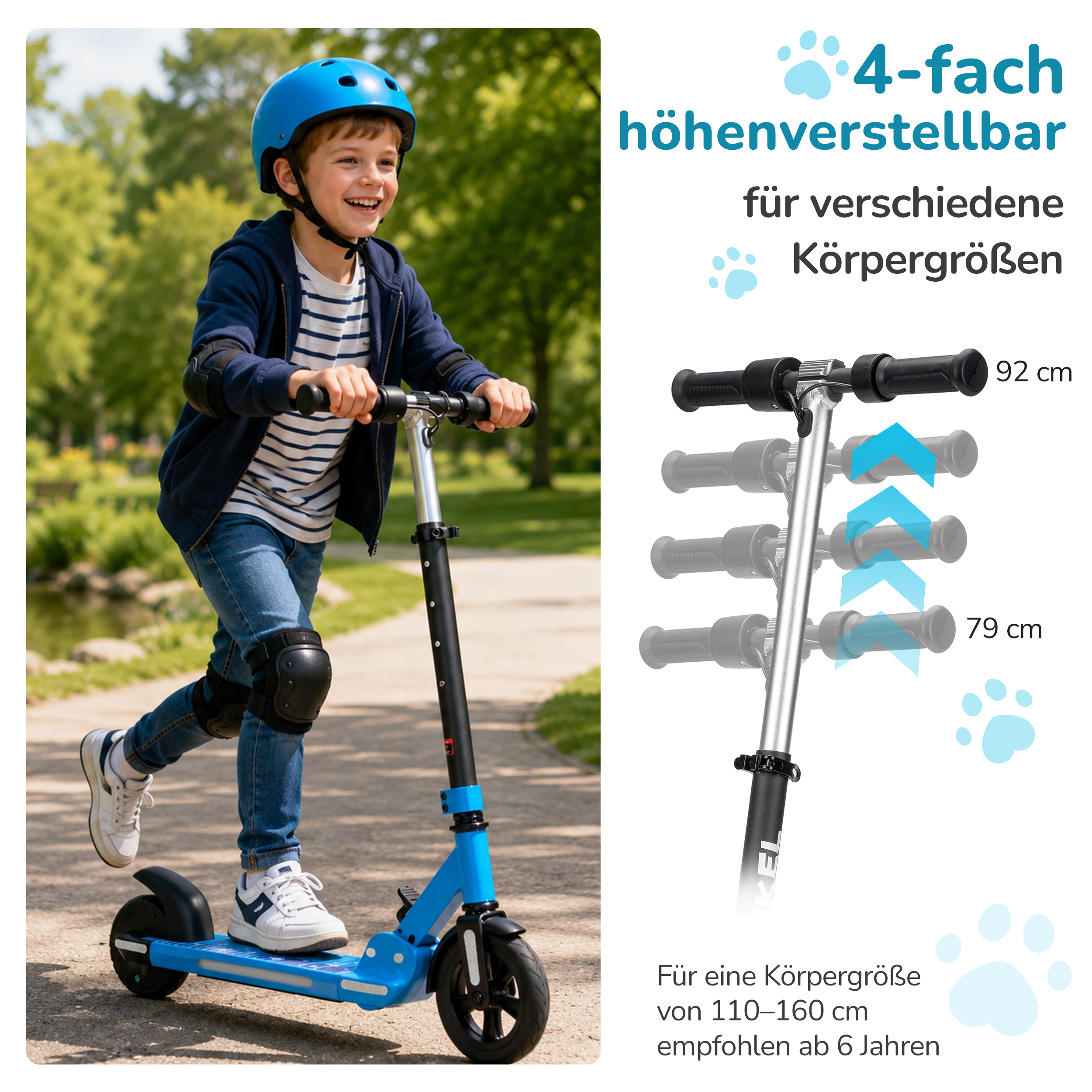 Ein Junge mit Helm fährt einen blauen Roller im Freien. Höhenverstellung wird gezeigt.
