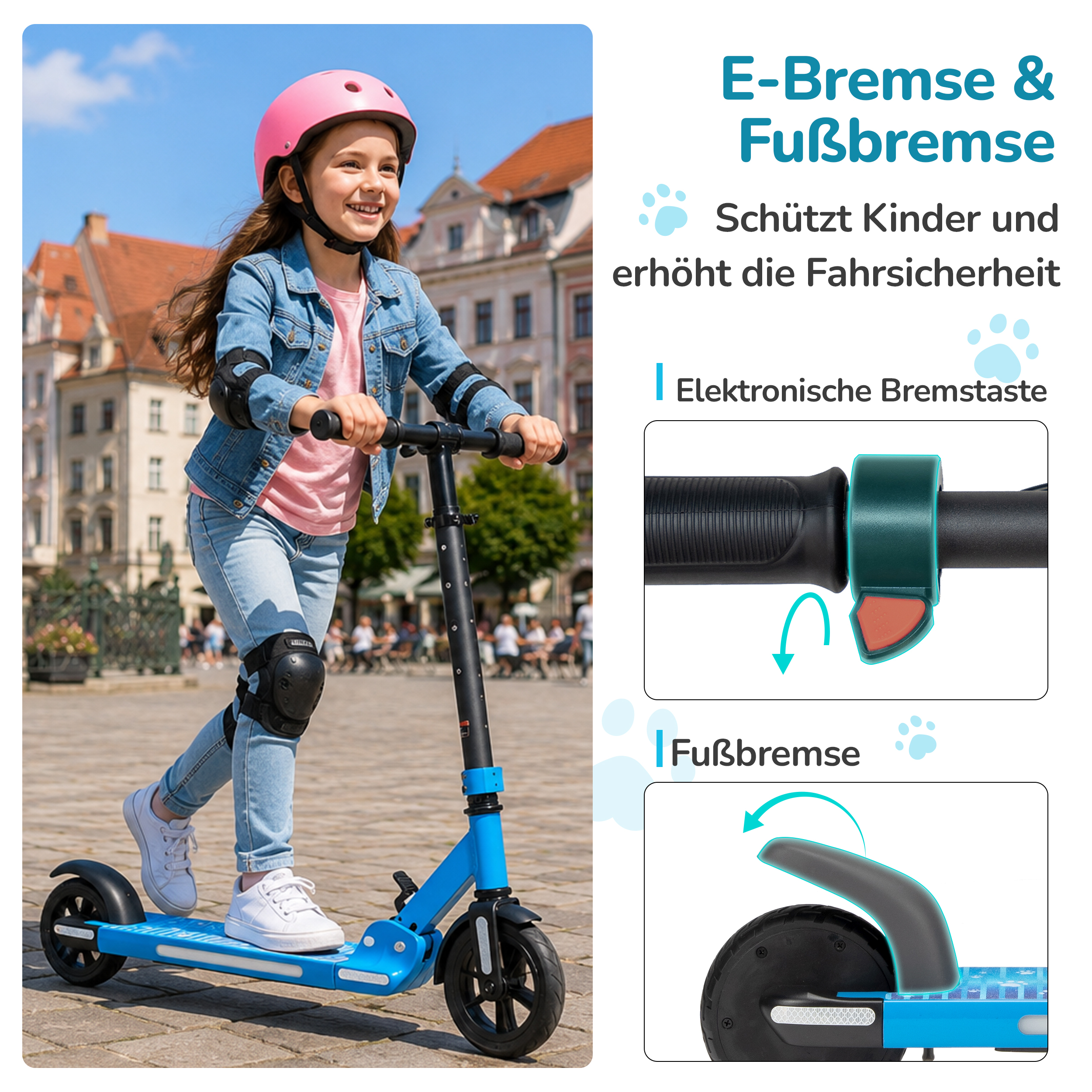 Mädchen fährt blaues E-Scooter mit Helm und Schutzausrüstung in Stadt.
