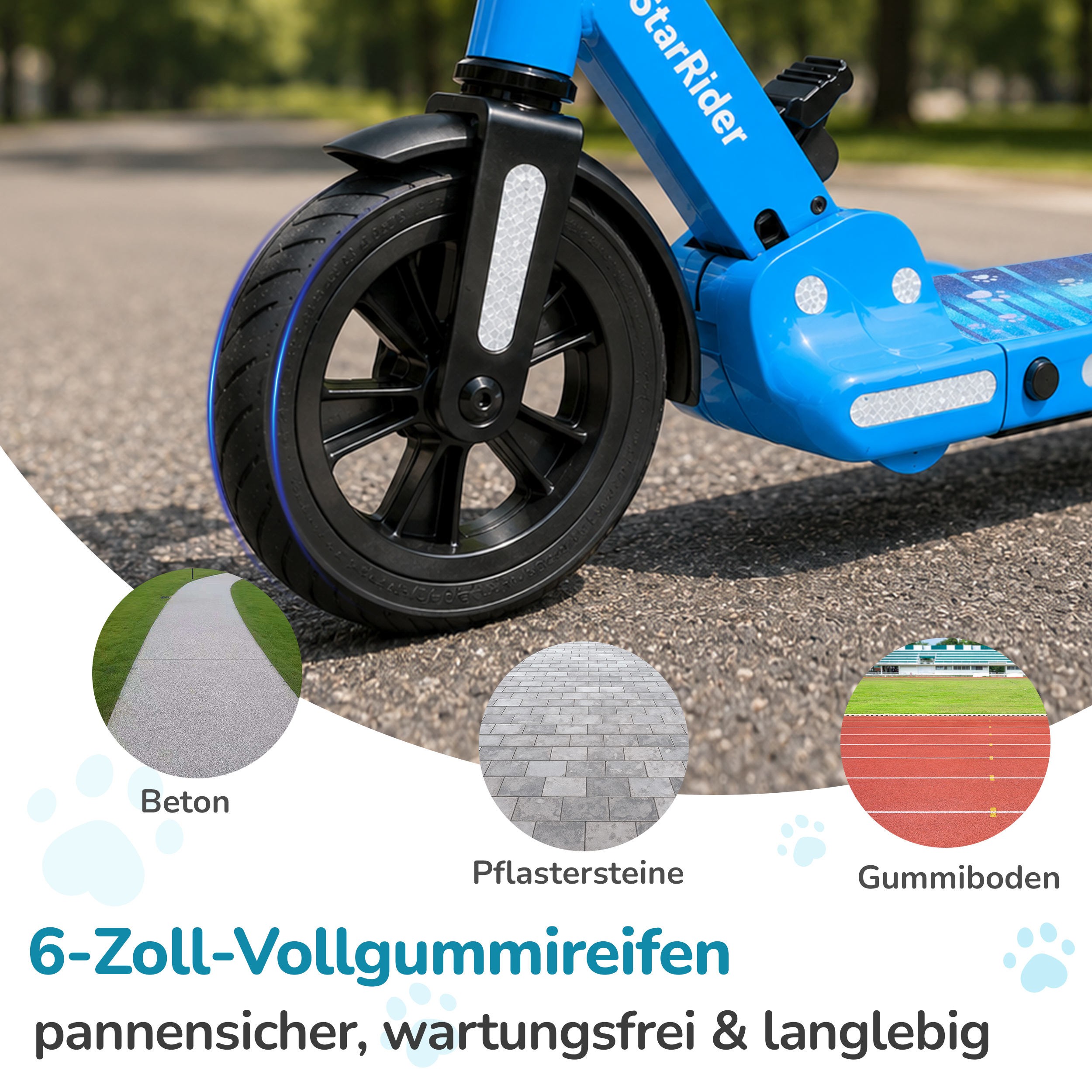 Blauer Roller mit drei Bodenbildern: Betonweg, Pflastersteine, Tartanbahn.