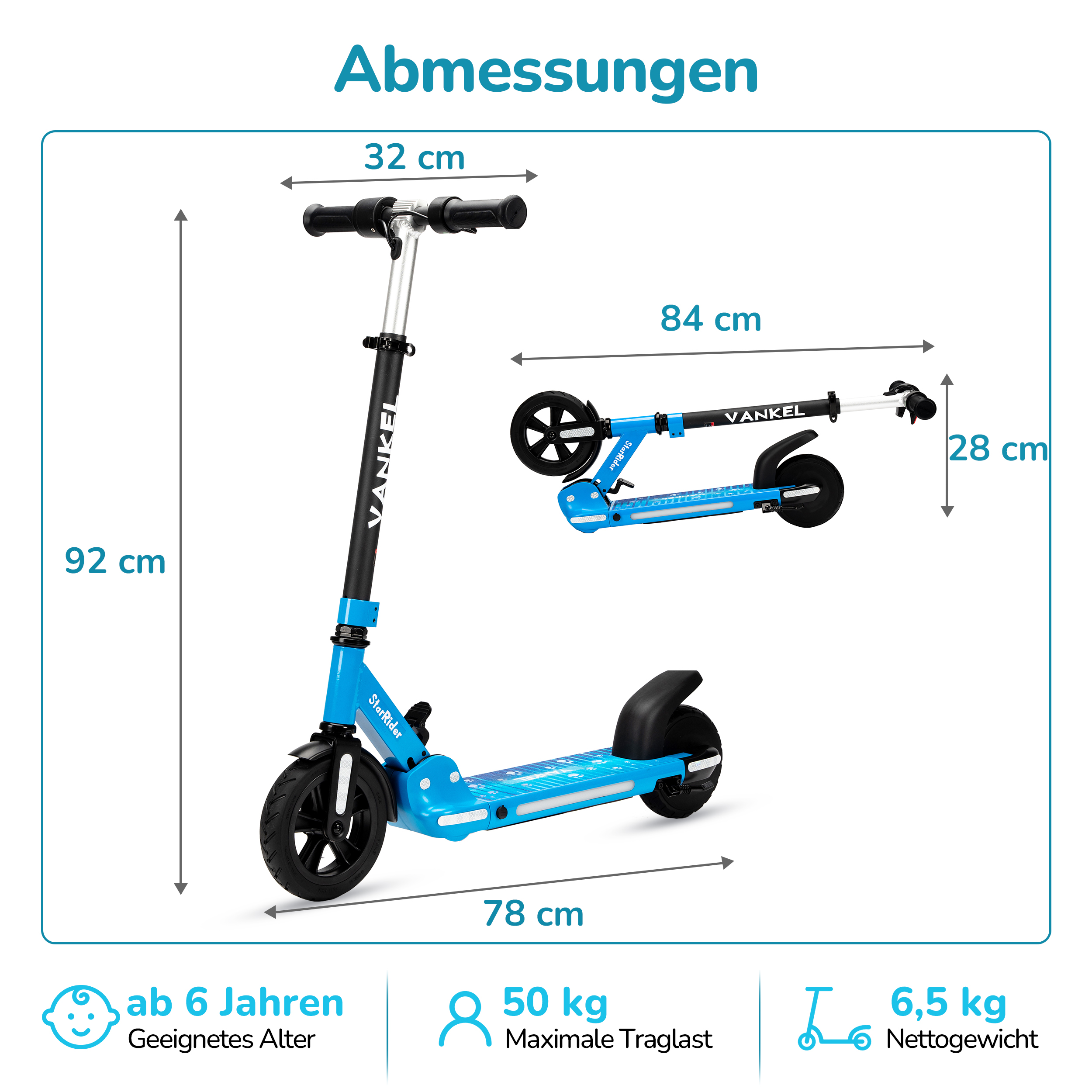 Blauer Roller mit Maßen: 92cm hoch, 32cm Lenkerbreite, 78cm Länge, 84cm Lenkerhöhe.