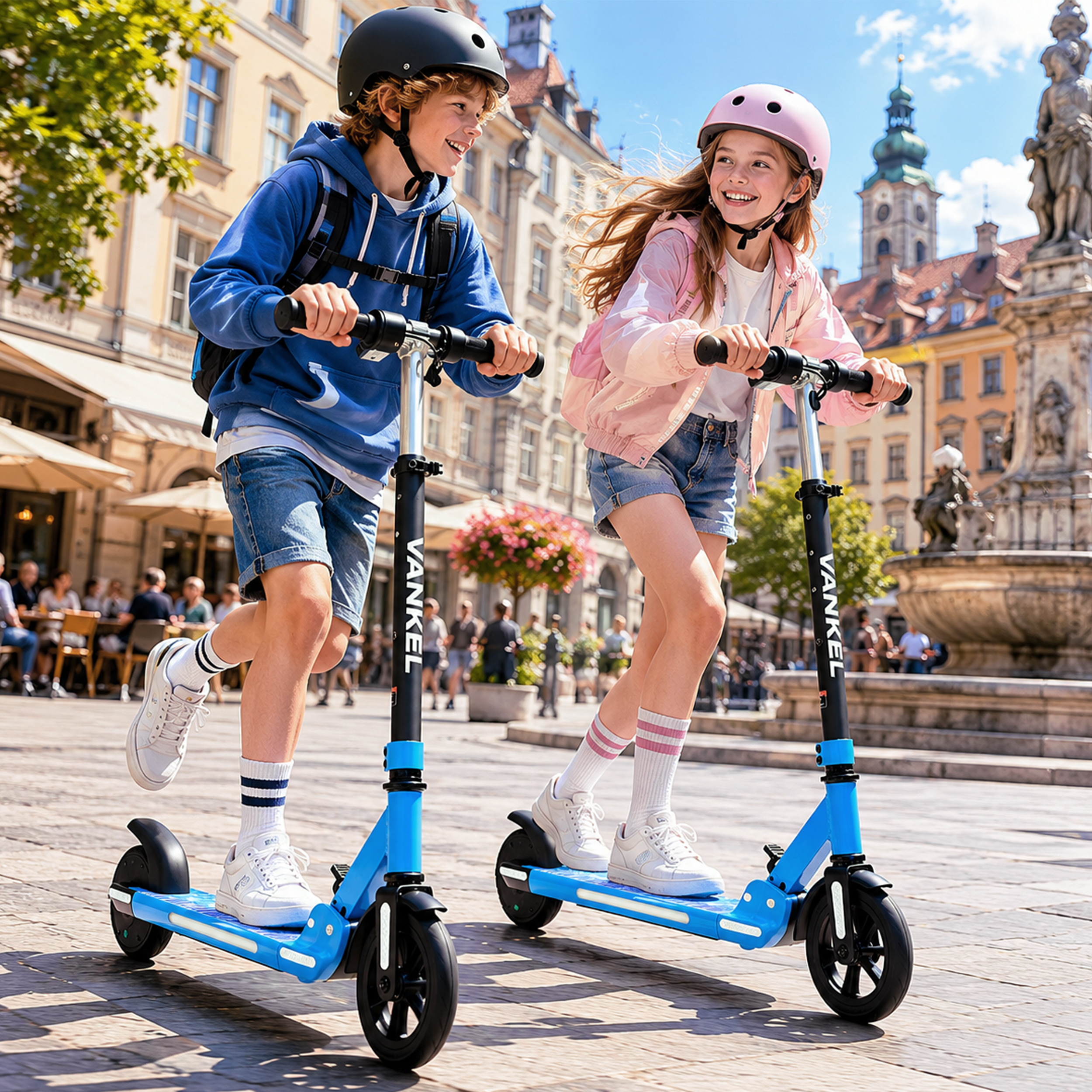 Zwei Kinder fahren Roller in einer Stadt mit alter Architektur im Hintergrund.