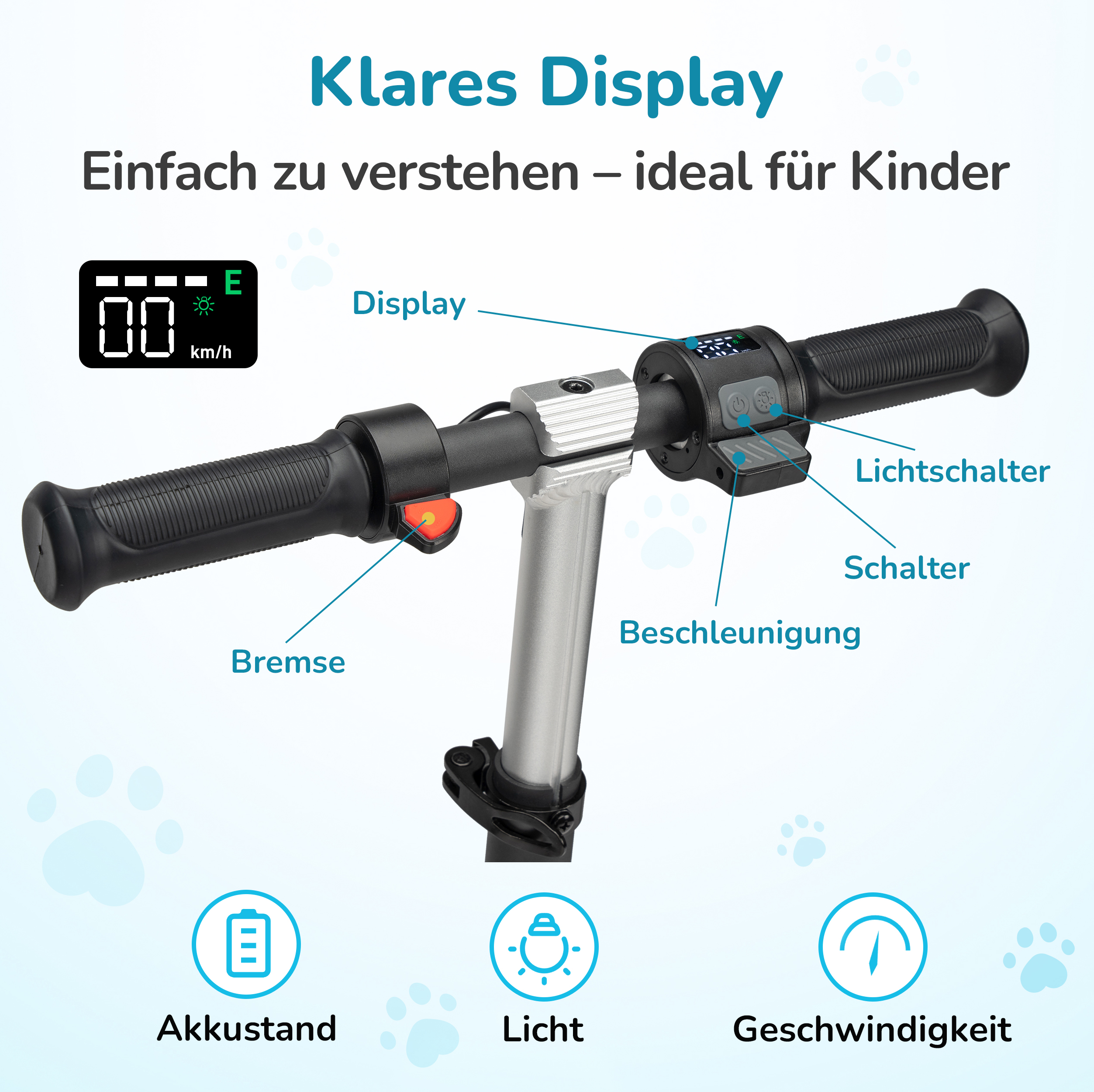 Nahaufnahme des Lenkers eines Elektrorollers mit Display und Bedienelementen.