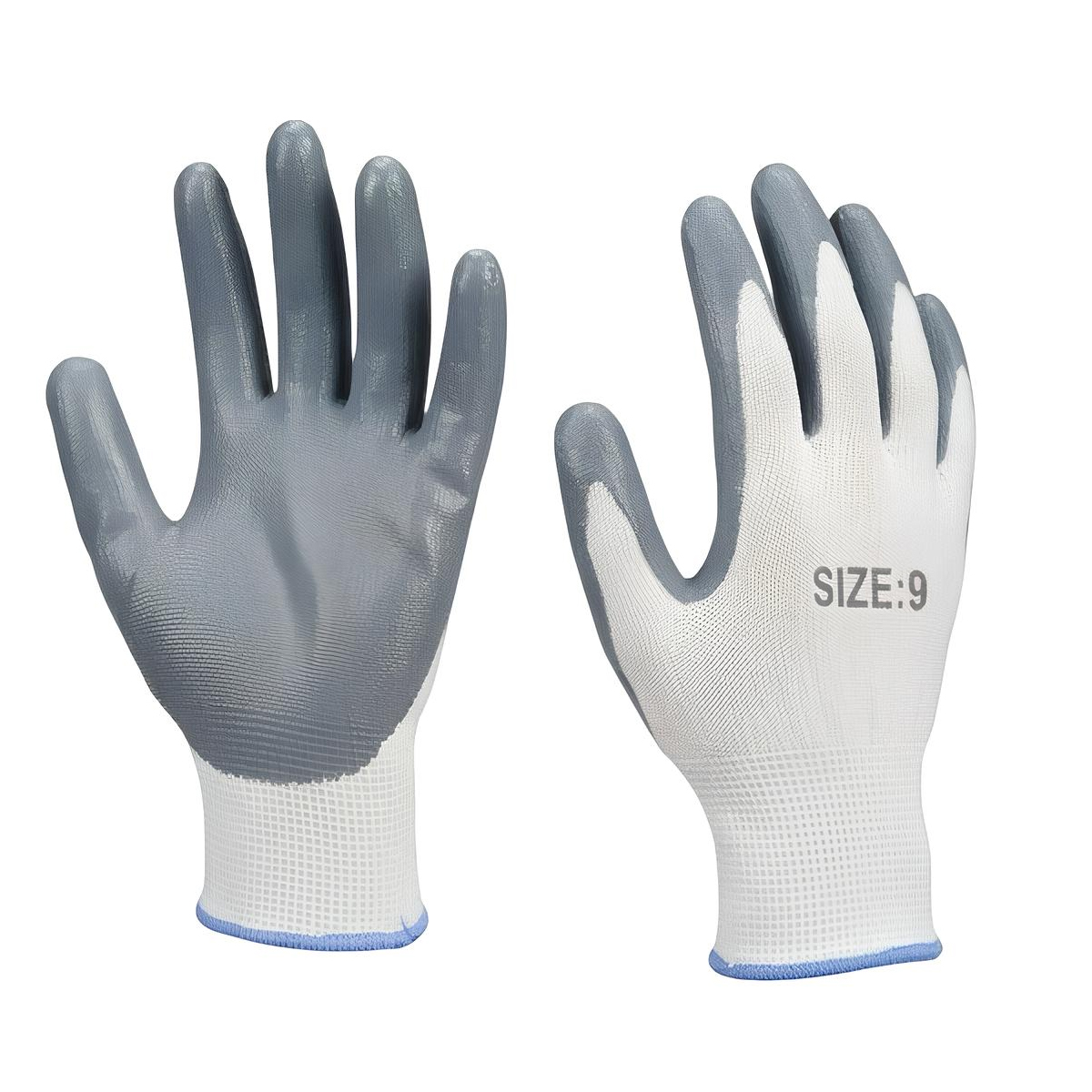 Dos guantes de trabajo, talla 9, blancos con recubrimiento gris.