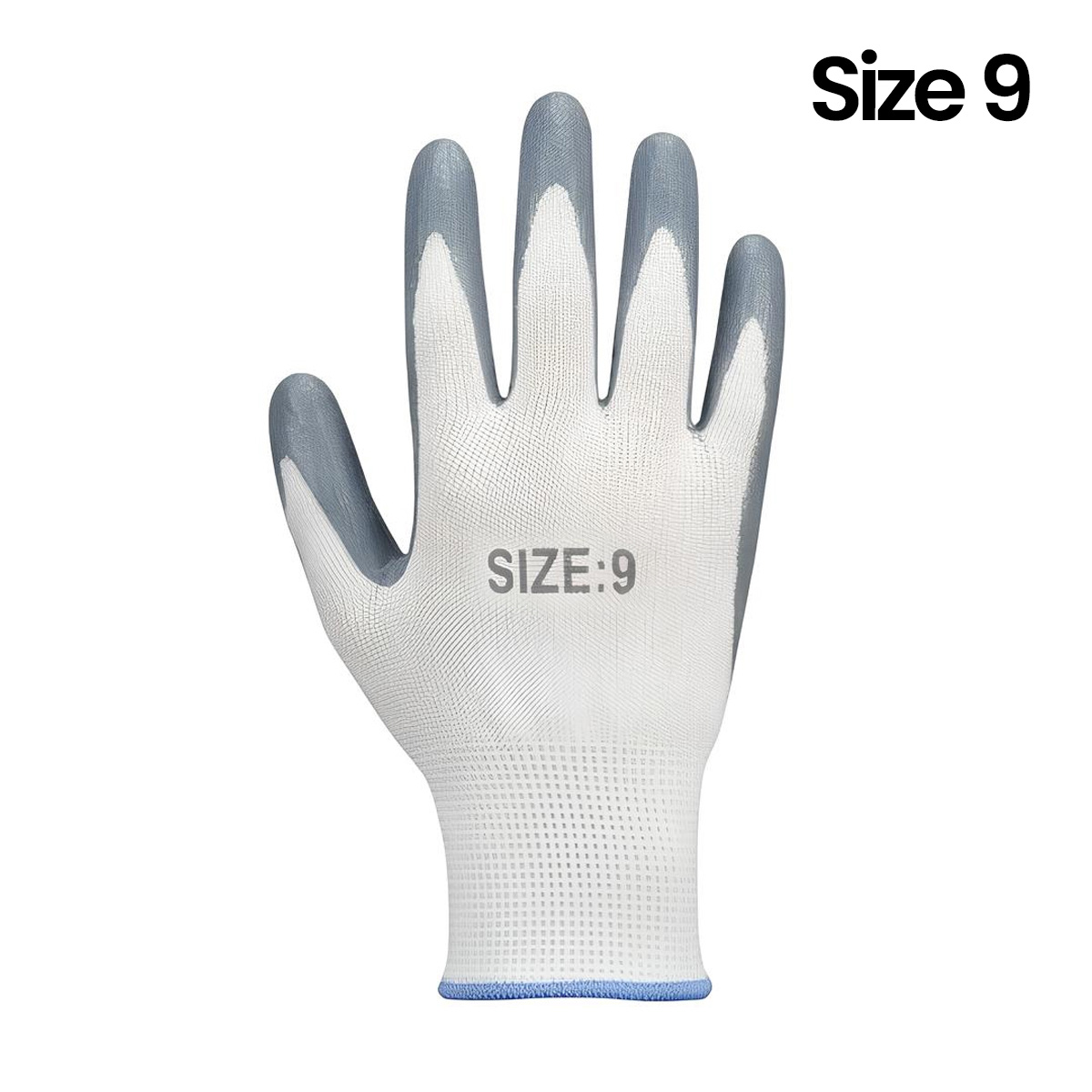 Un guante blanco con puntas grises y el texto 'SIZE: 9'.