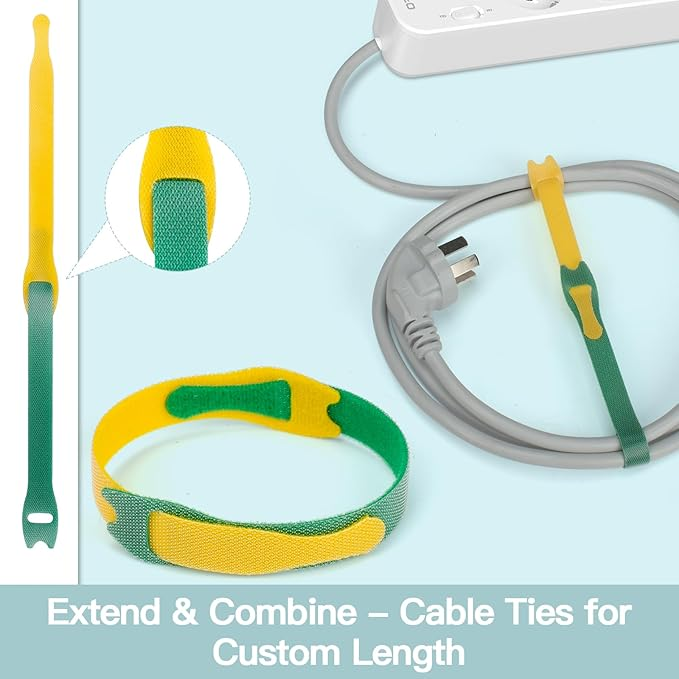 Gelbe und grüne Kabelbinder sind gezeigt. Einer ist gerade, einer ist geschlungen, einer um ein graues Kabel.