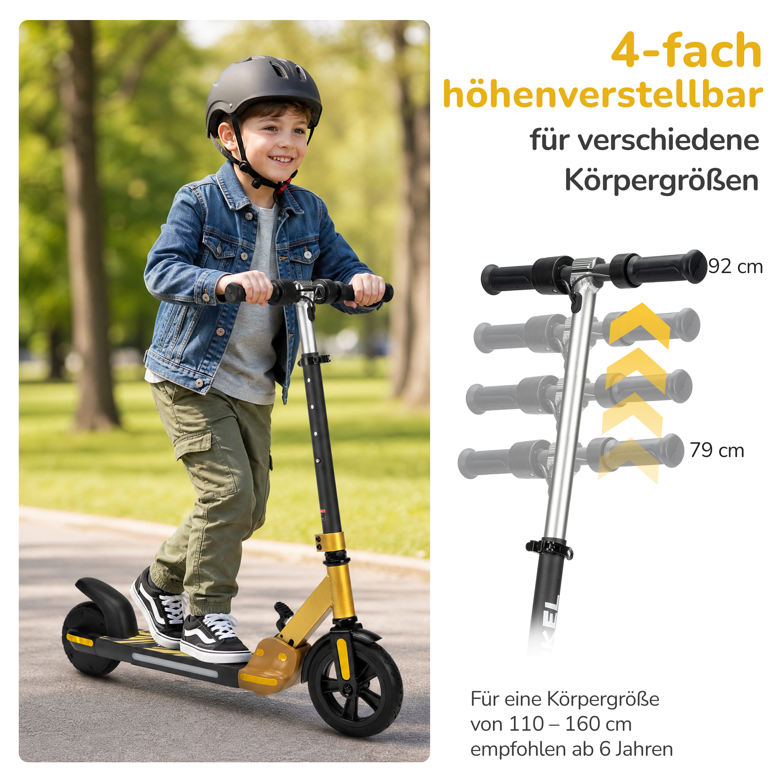 Junge fährt Roller im Park. Höhenverstellung 79-92 cm.