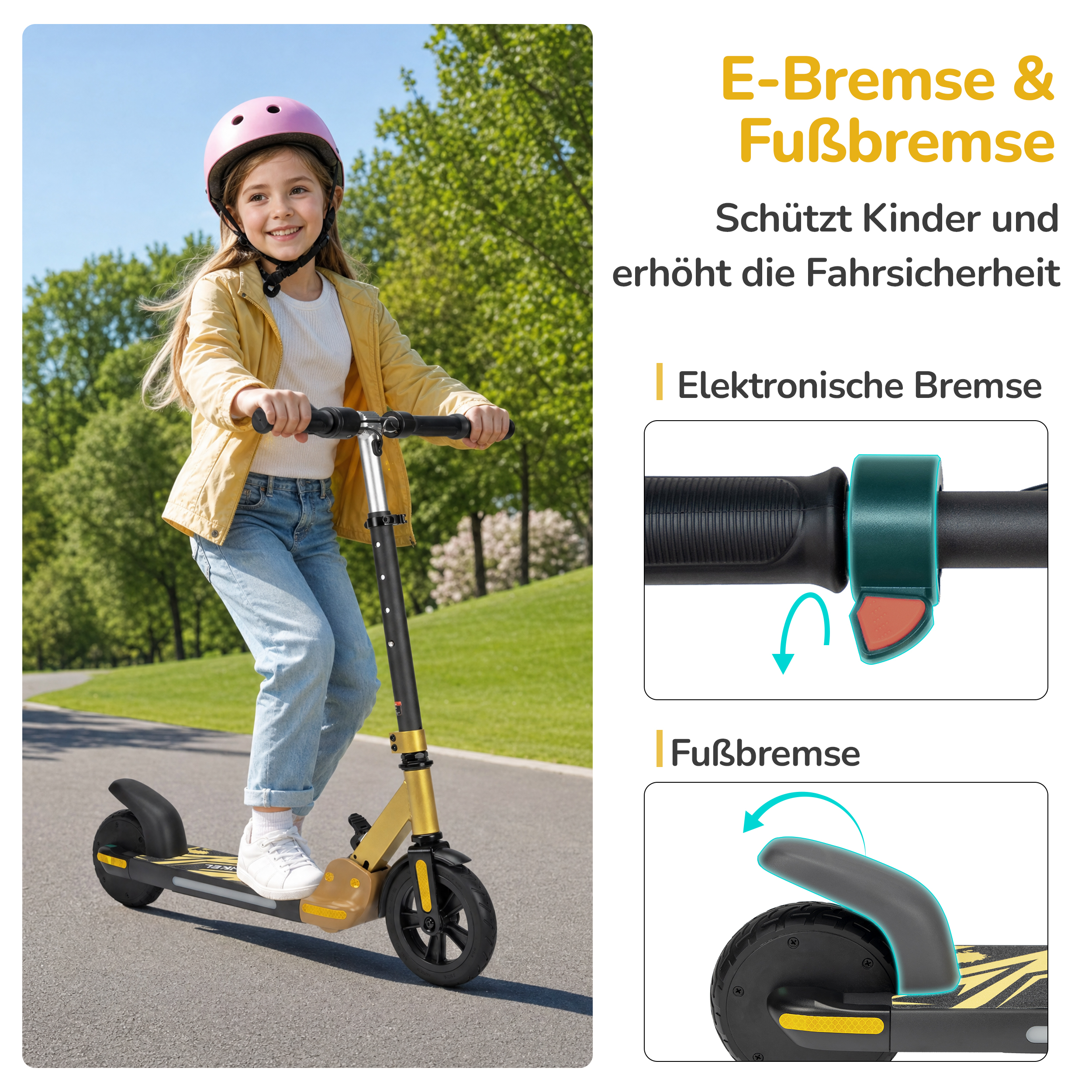 Ein Mädchen fährt einen Roller im Freien. Grafiken zeigen Bremsfunktionen.