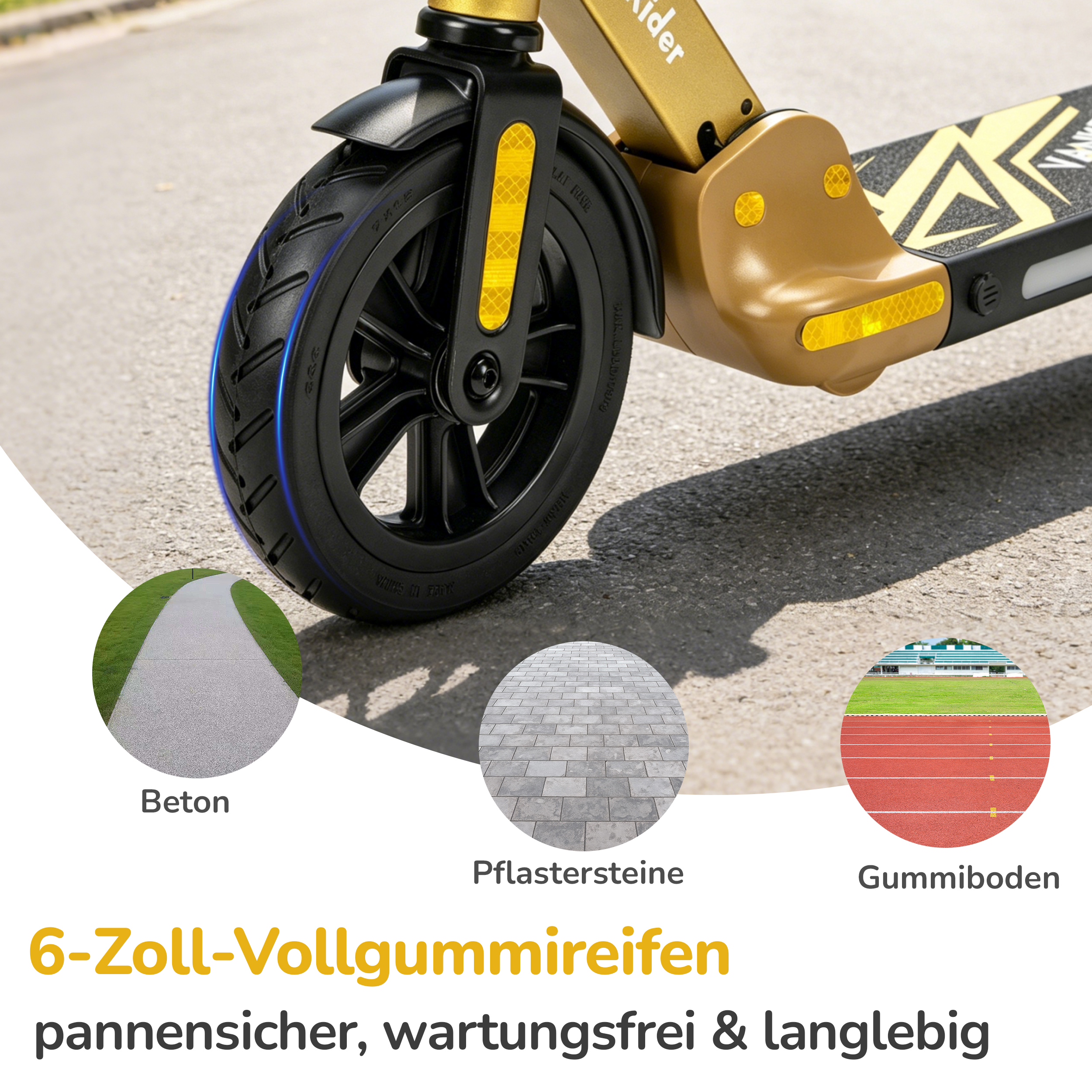 Goldfarbener Elektroroller mit Fokus auf das Vorderrad und drei Oberflächen.