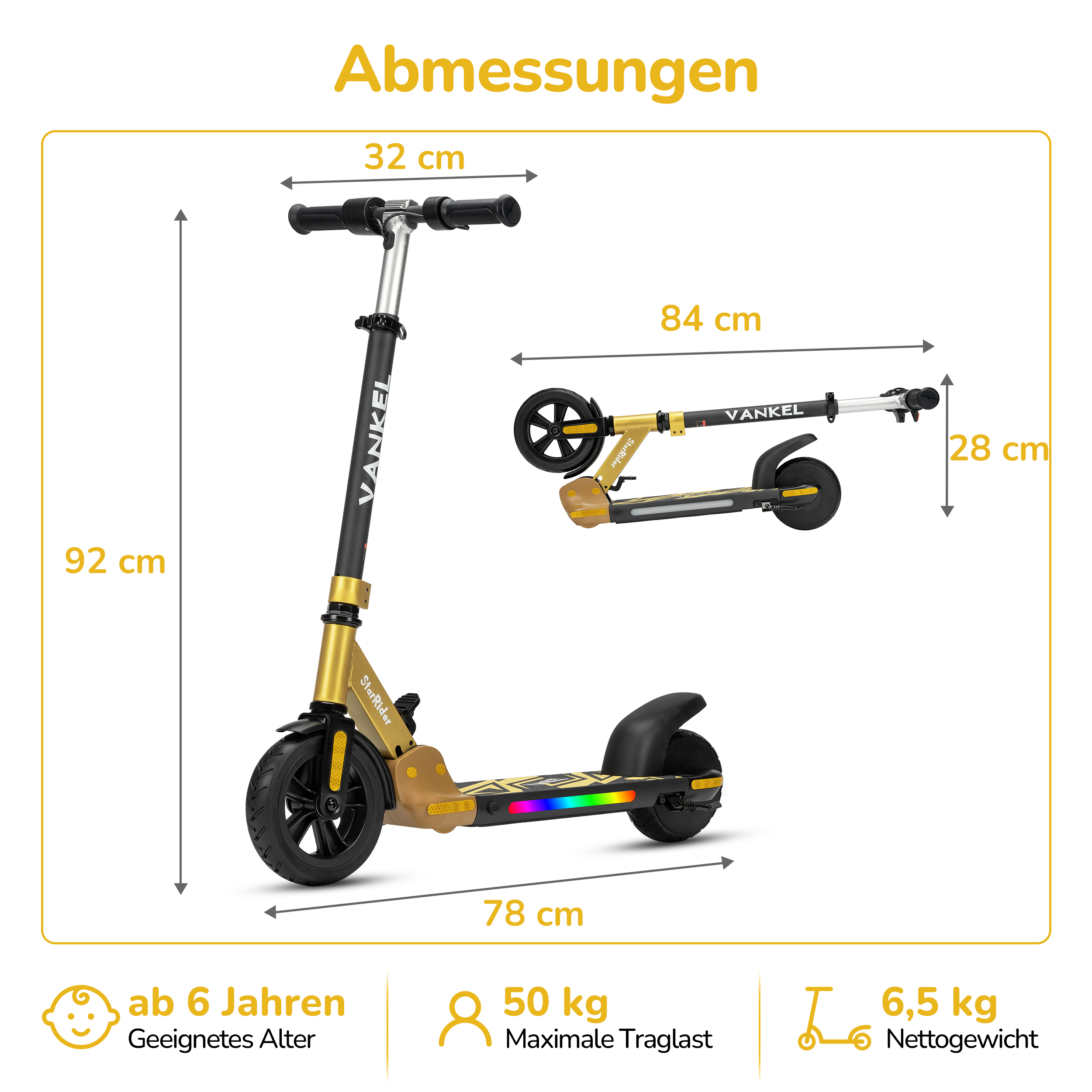 Ein goldener Roller mit Maßangaben: Höhe 92cm, Lenkerbreite 32cm, Länge 78cm, 84cm, 28cm.