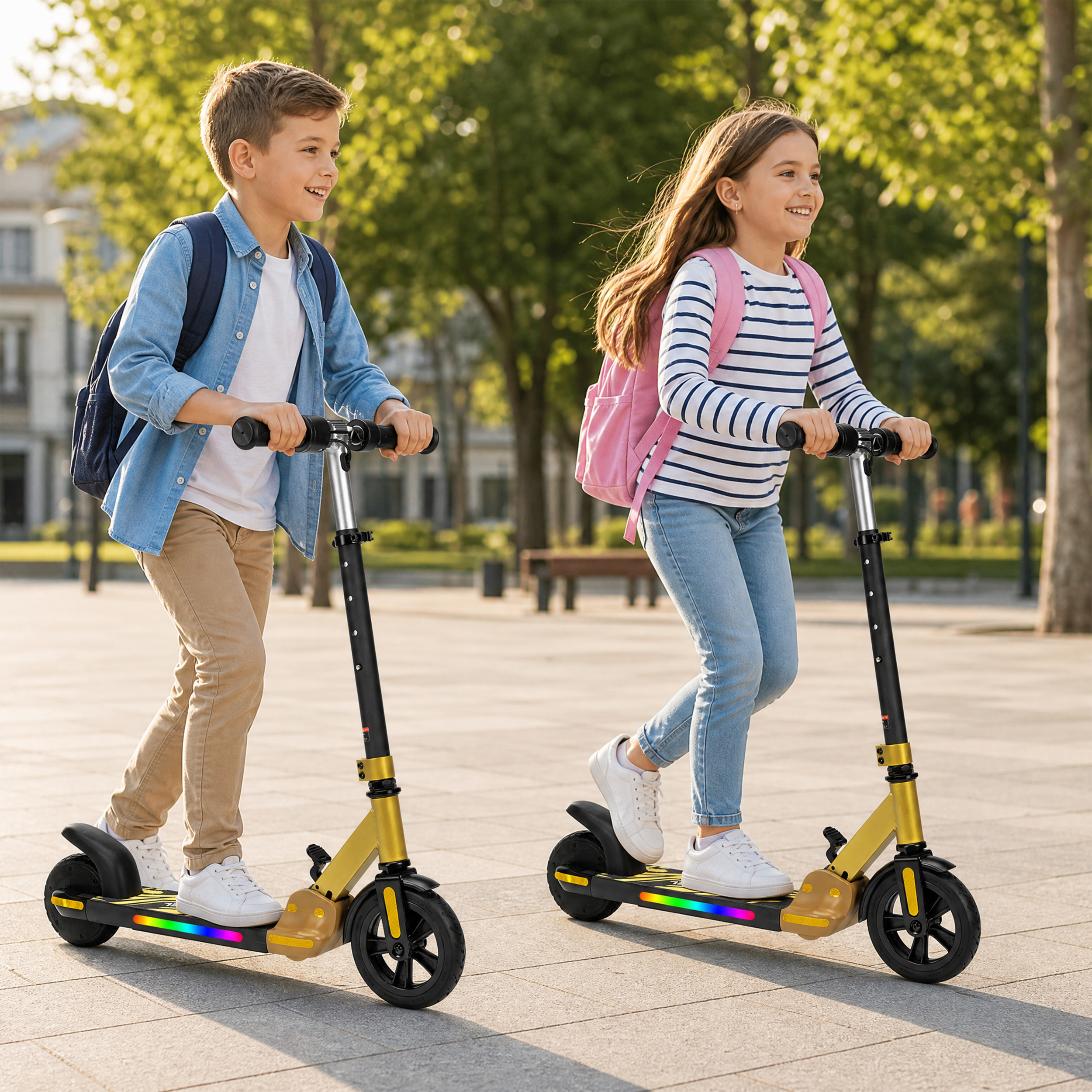 Zwei Kinder fahren auf E-Scootern mit bunten Lichtern auf einem gepflasterten Weg.