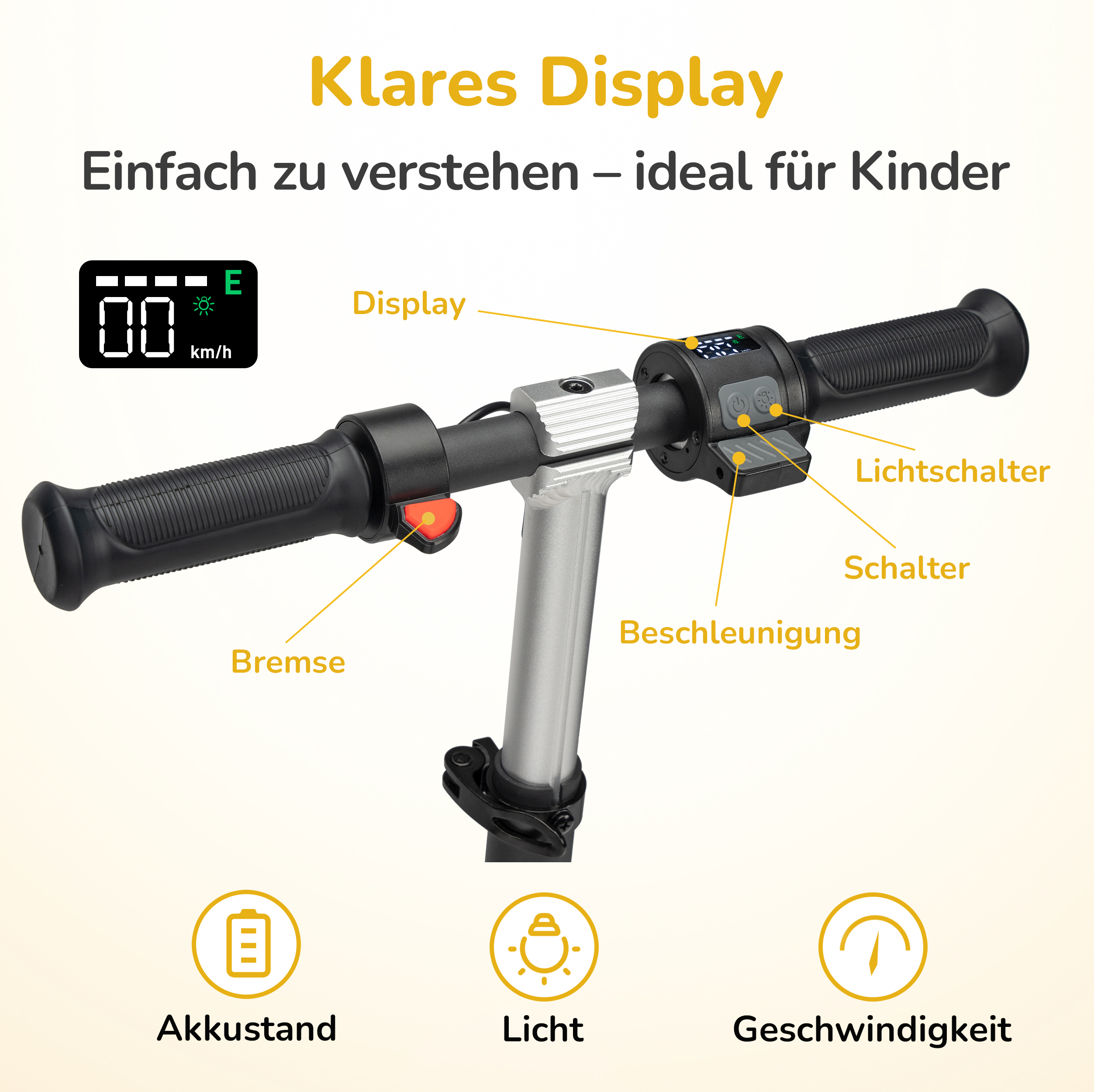 Nahaufnahme des Lenkers eines E-Scooters mit digitalen Anzeigen und Bedienelementen.