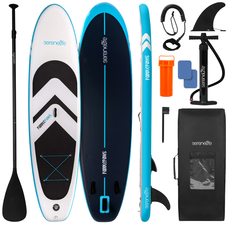 Aufblasbares SUP-Set mit Paddel, Pumpe, Finne, Leine und Tasche.