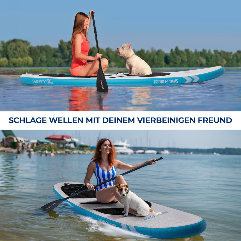 Frau mit Hund auf SUPs auf dem Wasser. Unten Frau mit Hund, oben Frau mit Hund.