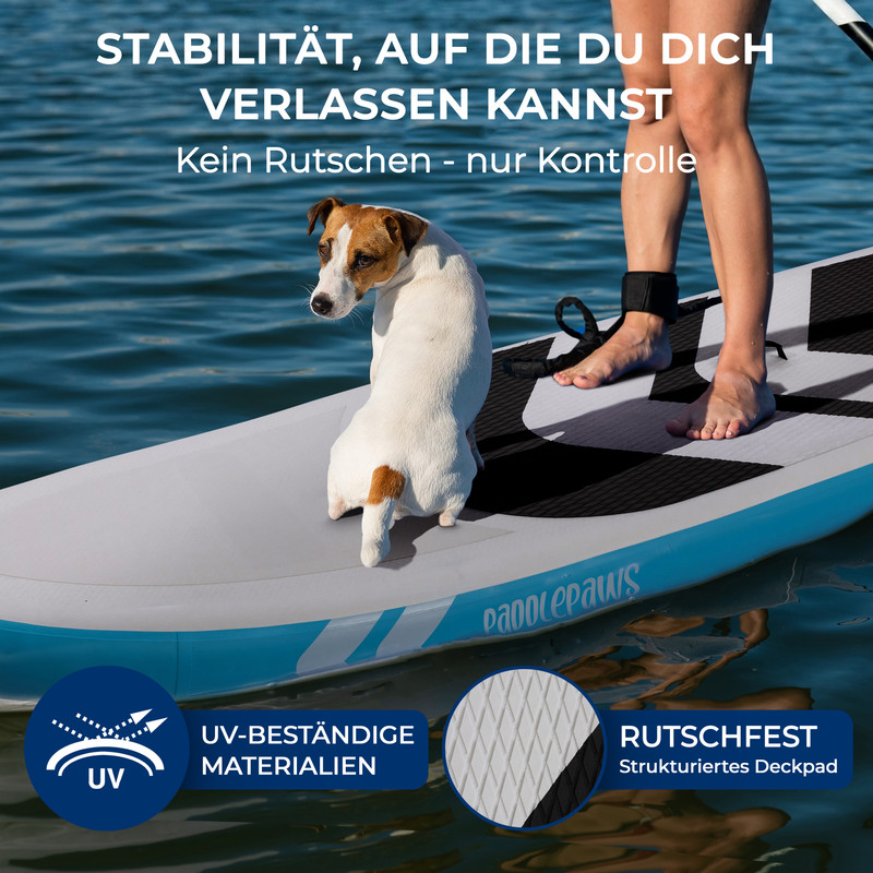 Ein Hund sitzt auf einem SUP-Board, während eine Person daneben steht. Wasser umgibt das Board.