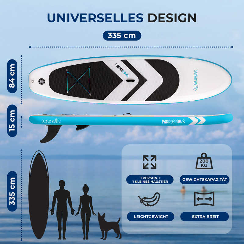 Stand-Up-Paddleboard mit Maßen 335x84x15 cm, für 1 Person + Haustier, 200kg Kapazität.