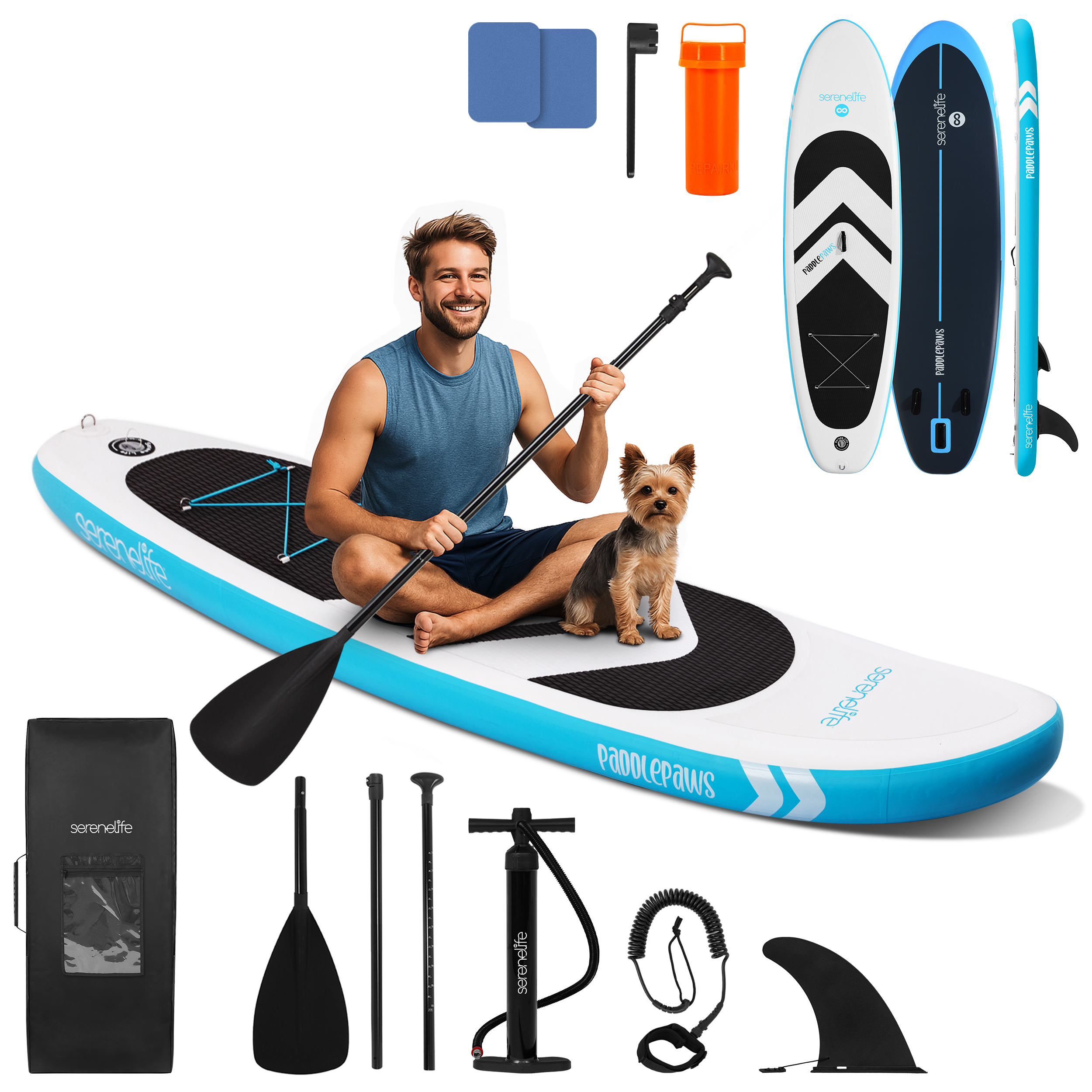 Mann und Hund auf Paddleboard mit Zubehör: Pumpe, Paddel, Tasche, Finne.