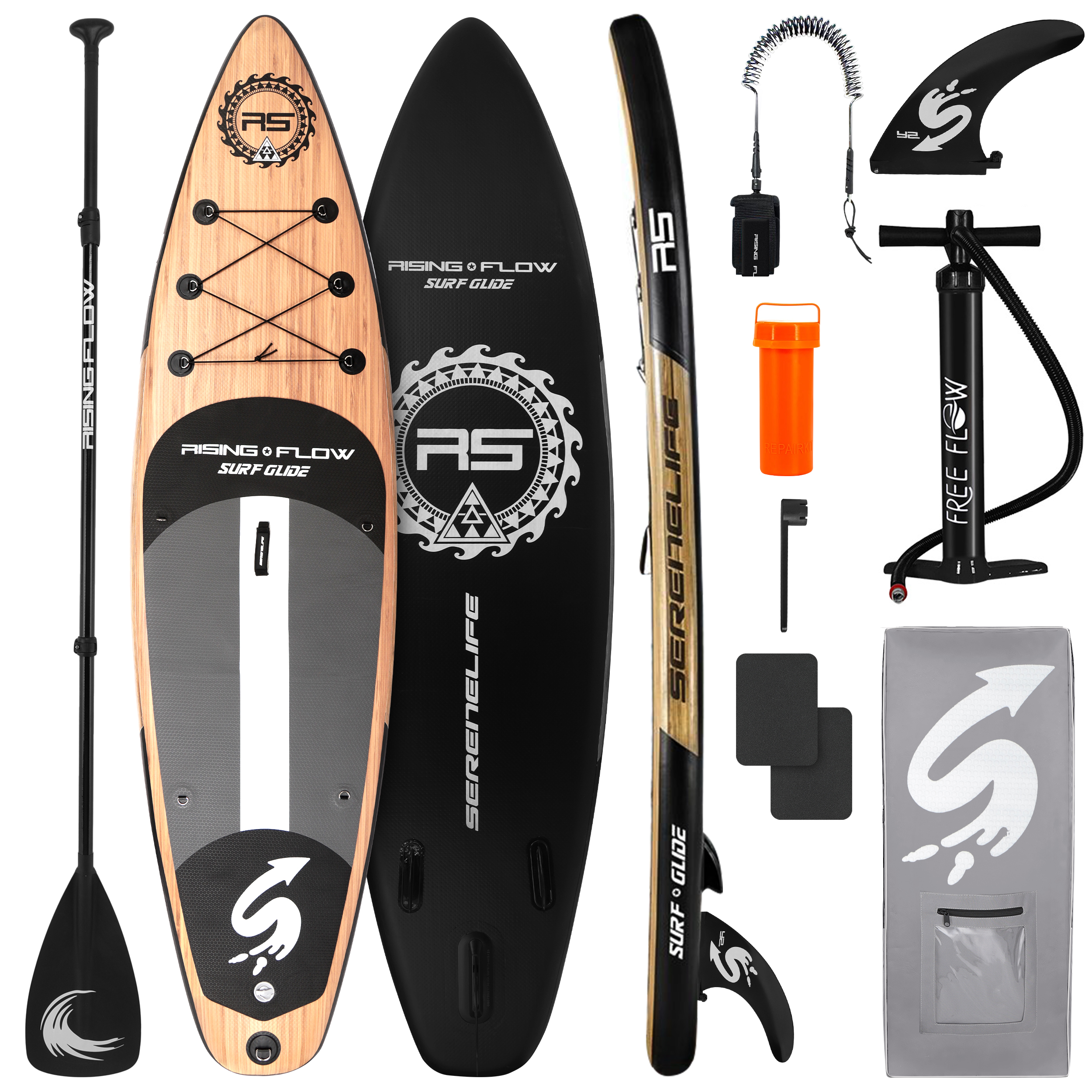 Aufblasbares SUP-Board mit Paddel, Pumpe, Finne, Leine und Reparaturset.
