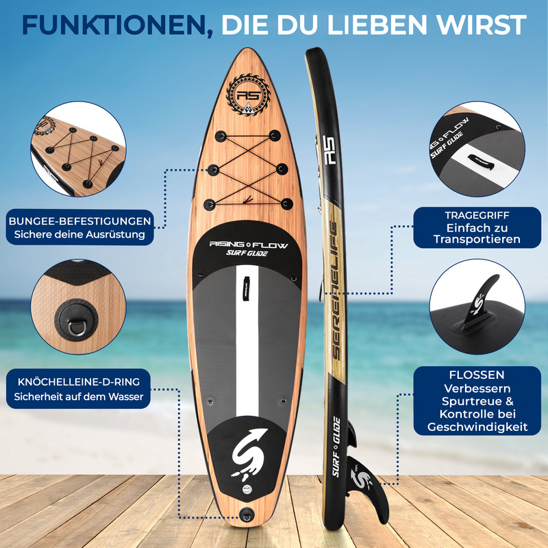 Ein Stehpaddelbrett mit Bambus-Finish, Seilbefestigungen und Flossen.