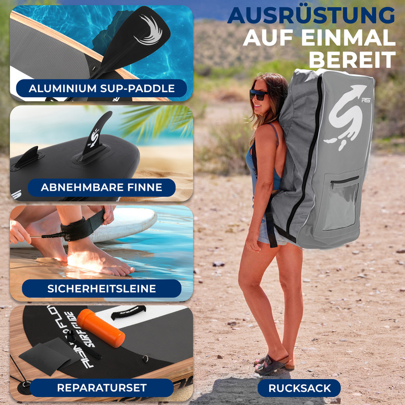 Frau mit Rucksack und SUP-Ausrüstung: Paddel, Finne, Leine, Reparaturset.