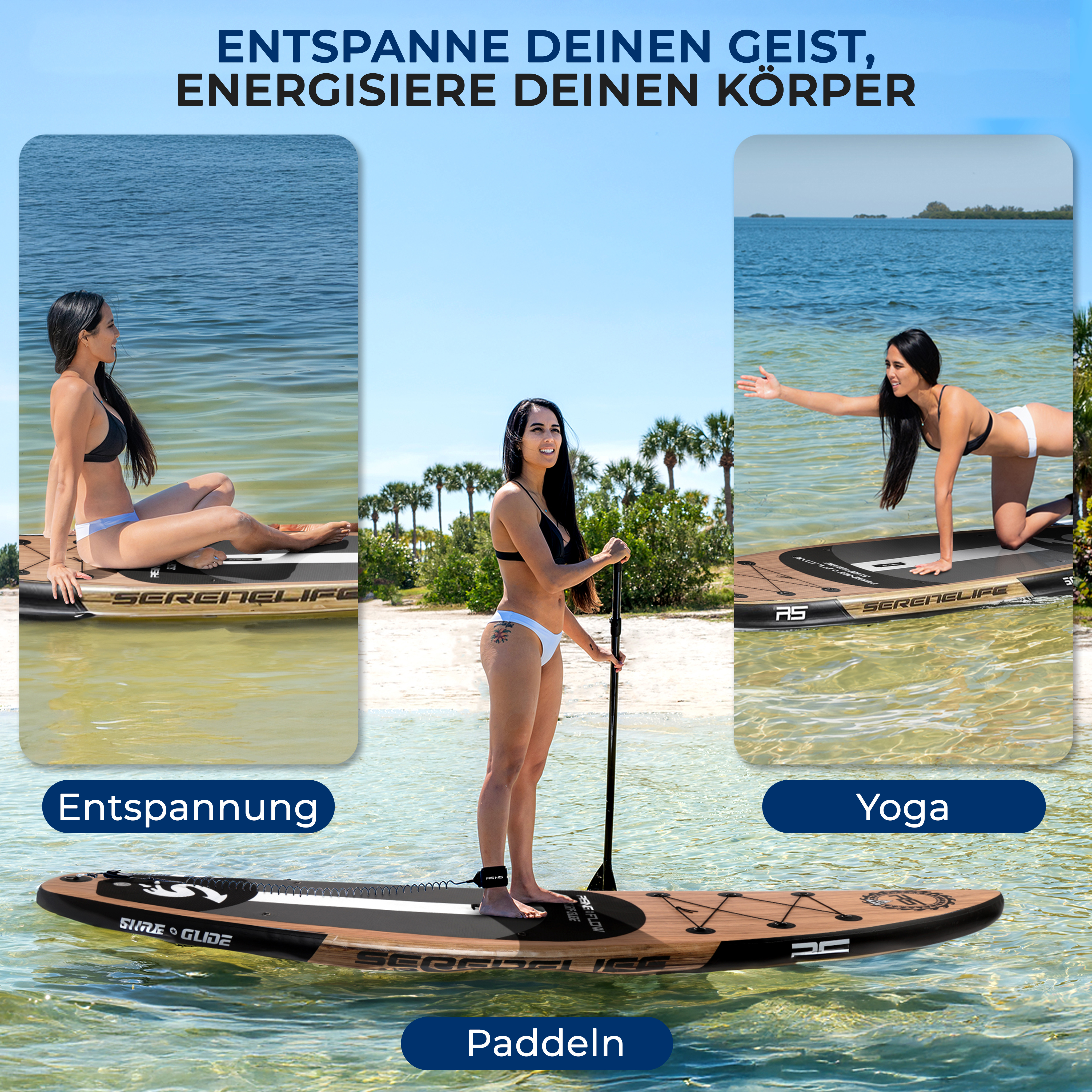 Drei Szenen auf einem Paddleboard: Entspannung, Yoga und Paddeln. Eine Frau ist zu sehen.