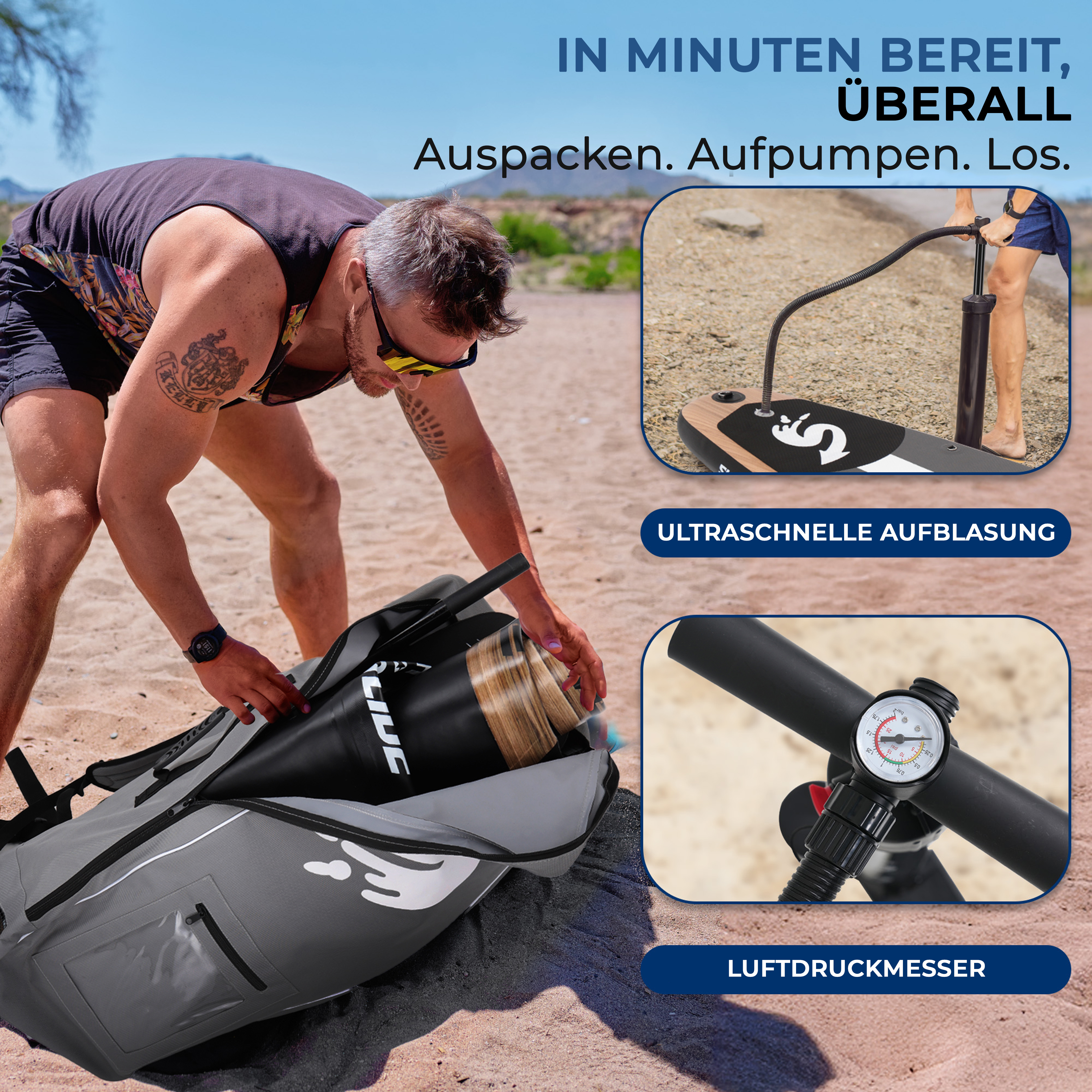 Mann packt SUP-Ausrüstung aus, Pumpe und Manometer werden gezeigt.
