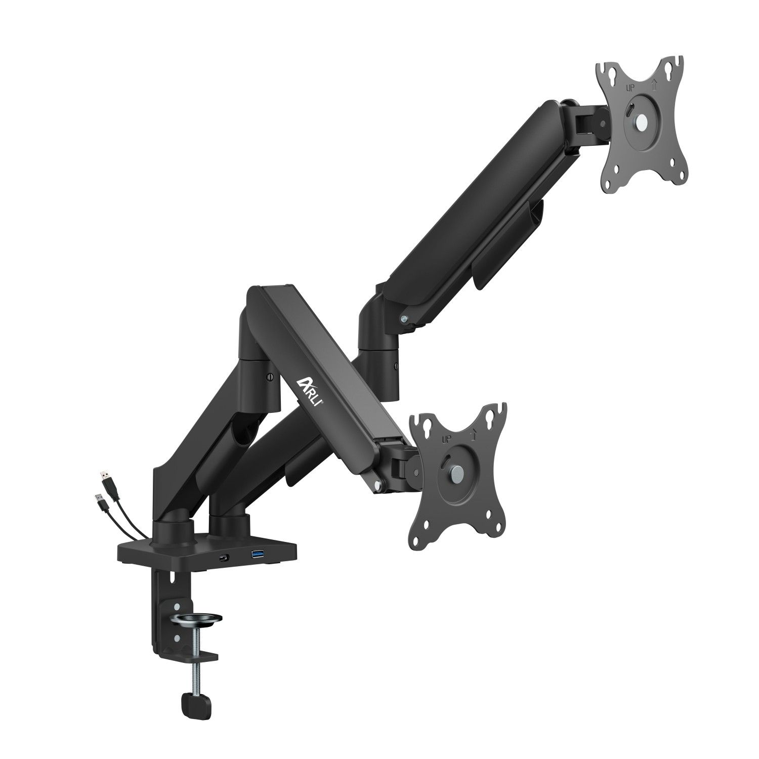 Schwarzer Doppelmonitorarm mit USB-Anschlüssen und Tischklemme.