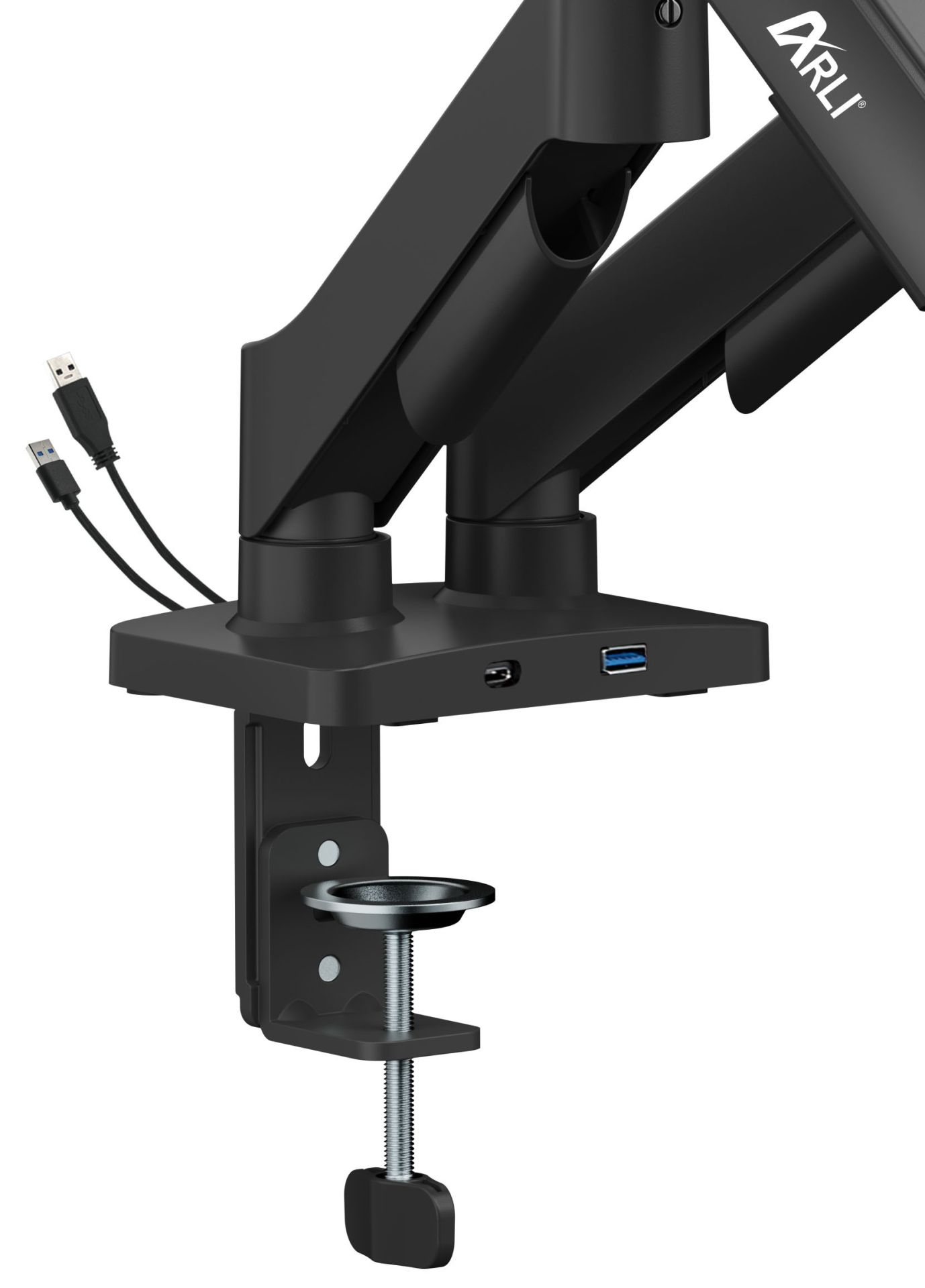 Schwarzer Monitorarmfuß mit Klemme, USB-Anschlüssen und Kabeln.