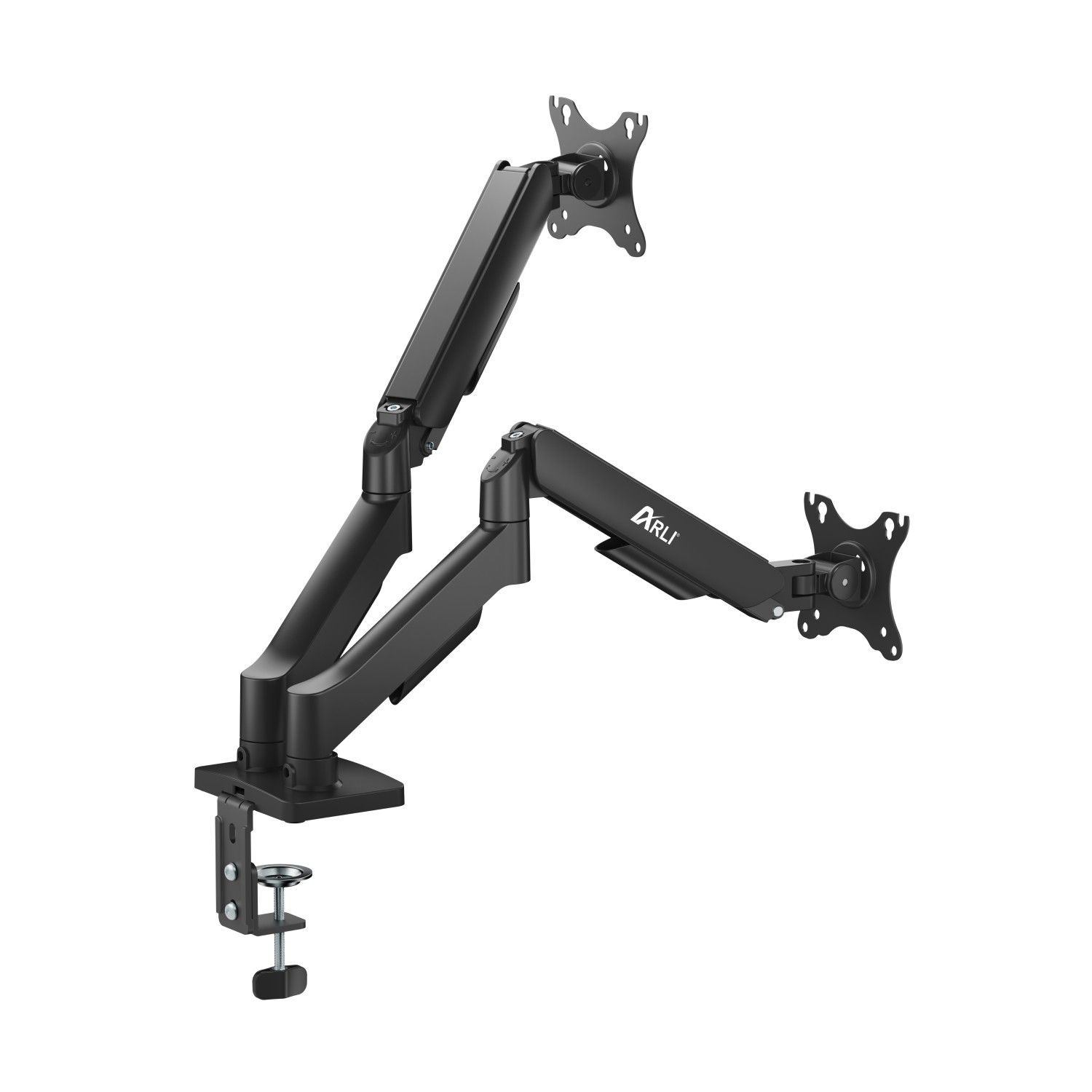Schwarze Doppelmonitor-Schreibtischhalterung mit verstellbaren Armen und Klemme.