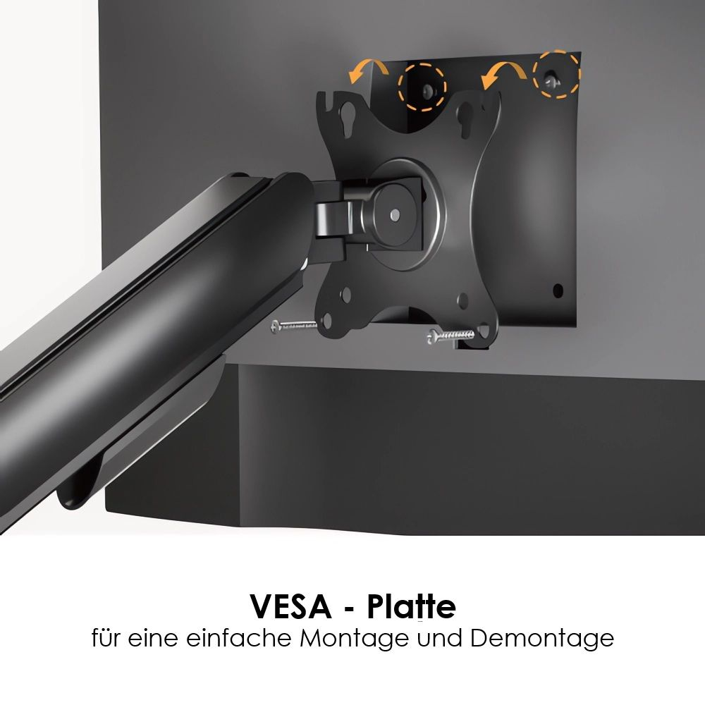 VESA-Platte mit Monitorarm und Schrauben, für einfache Montage.